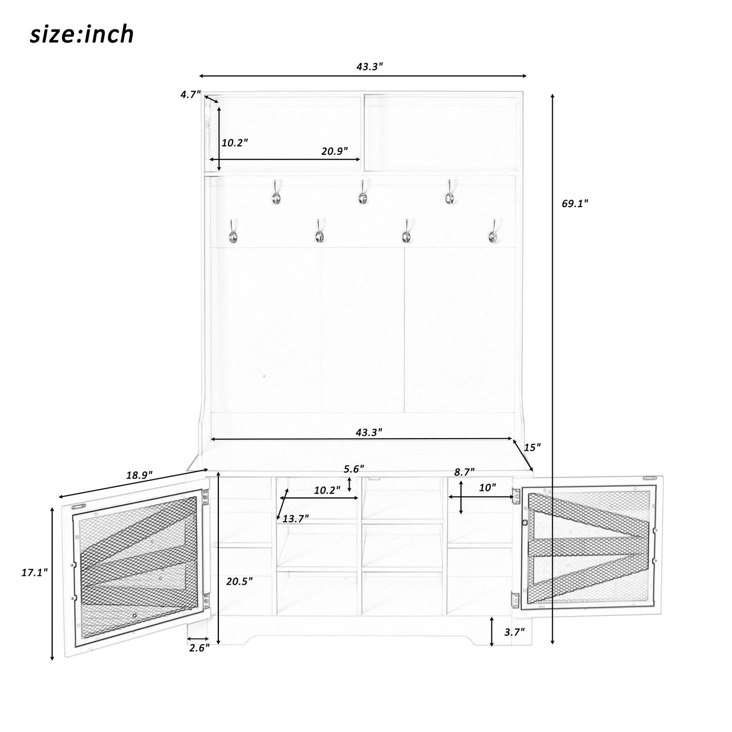 Entryway Bench With Coat Rack, 3 In 1 Design And Adjustable Shelves