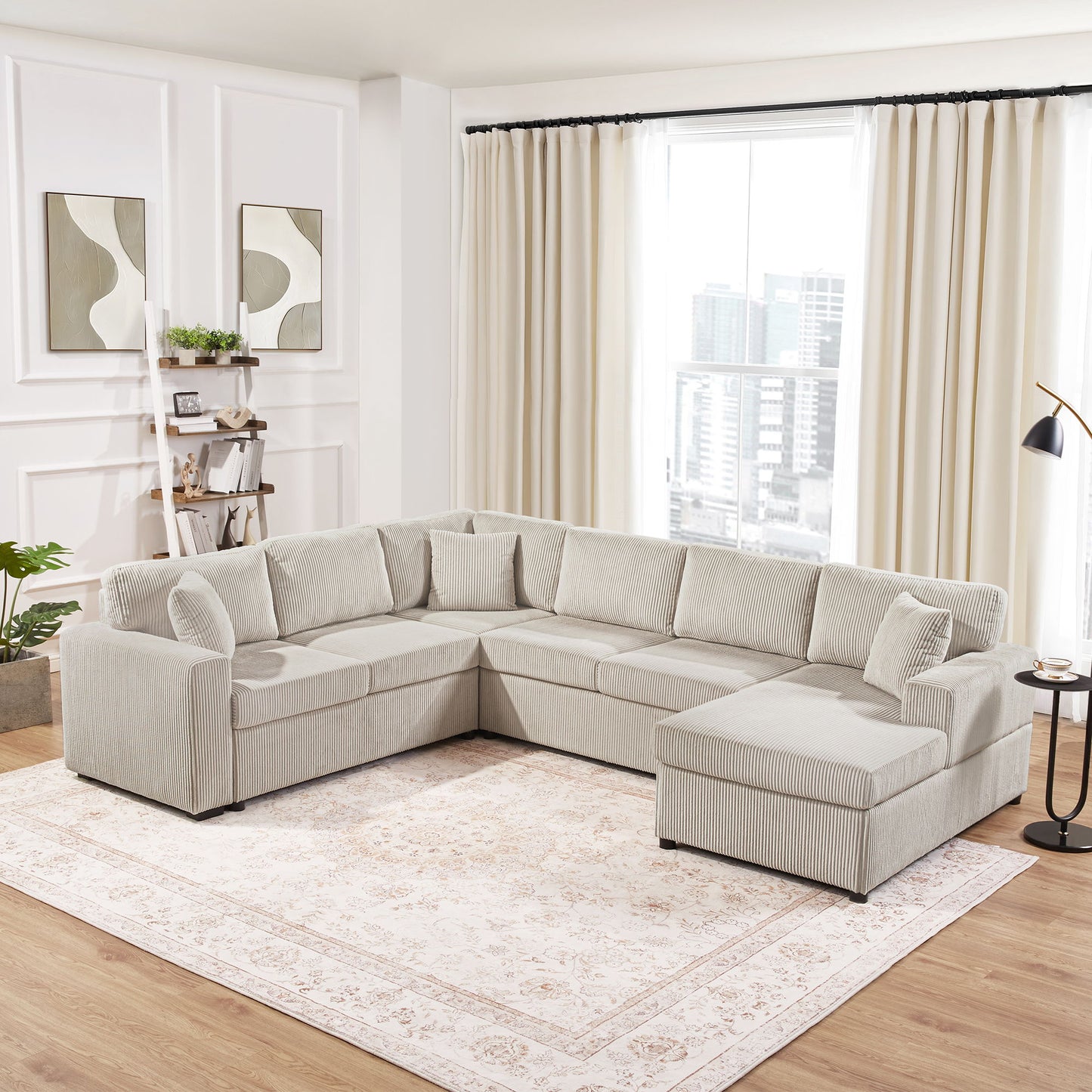 Oversized Sectional U-Shaped Sofa With Chaise Lounge And Three Soft Throw Pillows