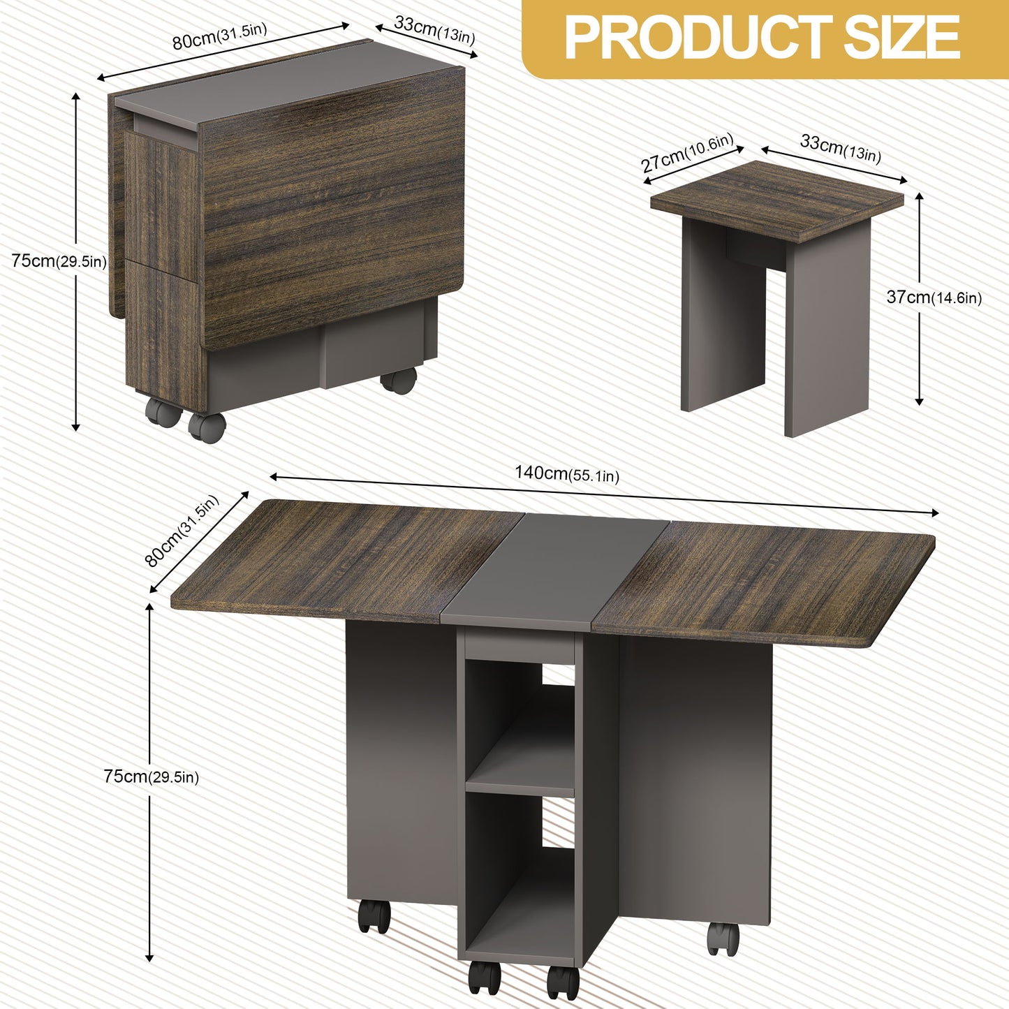 Contemporary 5 Piece Folding Extendable Dining Table Set With Chairs For 4 - Brown