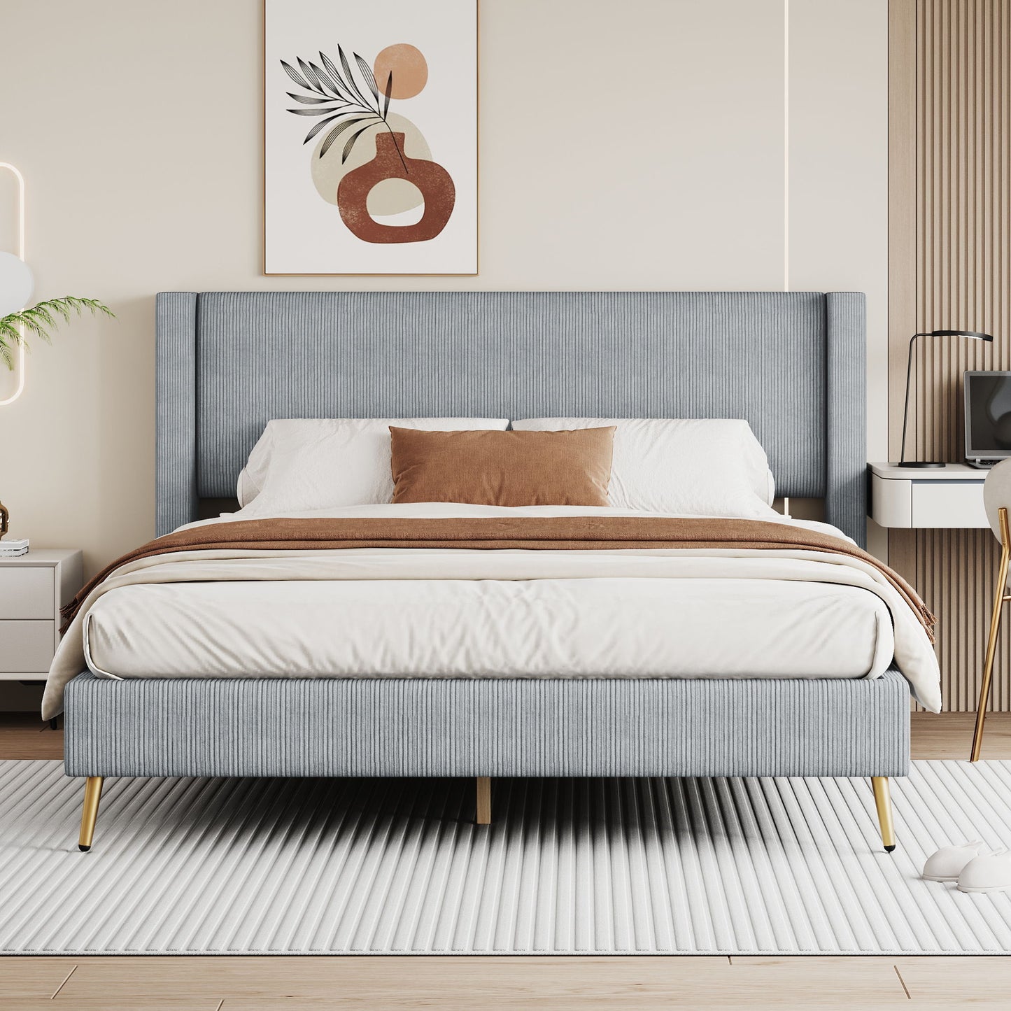 Platform Contemporary Bed With Legs And Upholstered Headboard