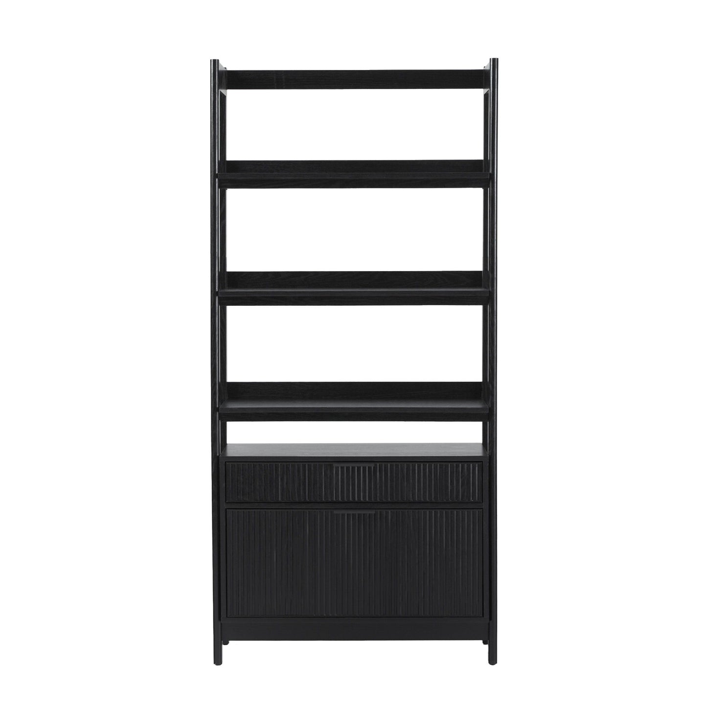 Transitional Wide Reeded Bookshelf With Drawers On Bottom