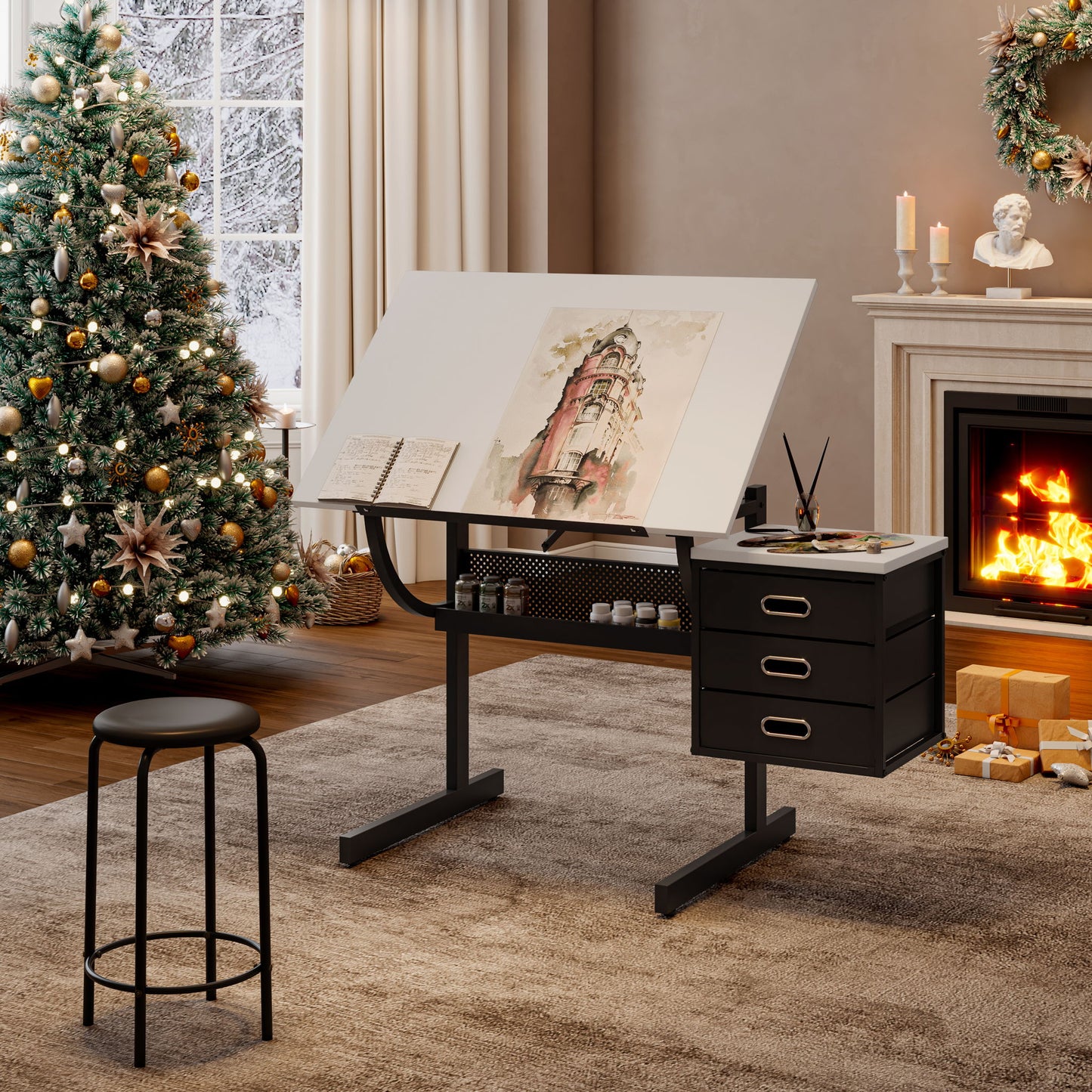 Adjustable Drafting Drawing Table With Stool And 3 Drawers - White / Black