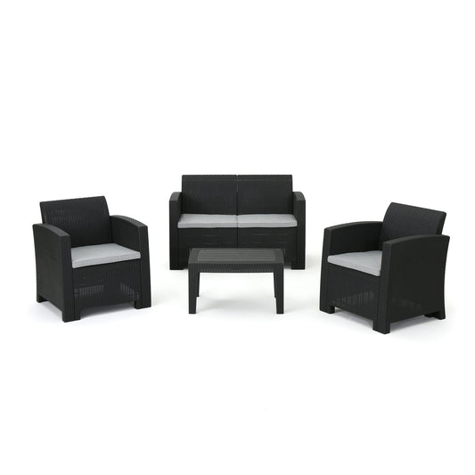 Zephyra - Outdoor 4 Piece Faux Wicker Rattan Chat Set With Water Resistant Cushions - Gray