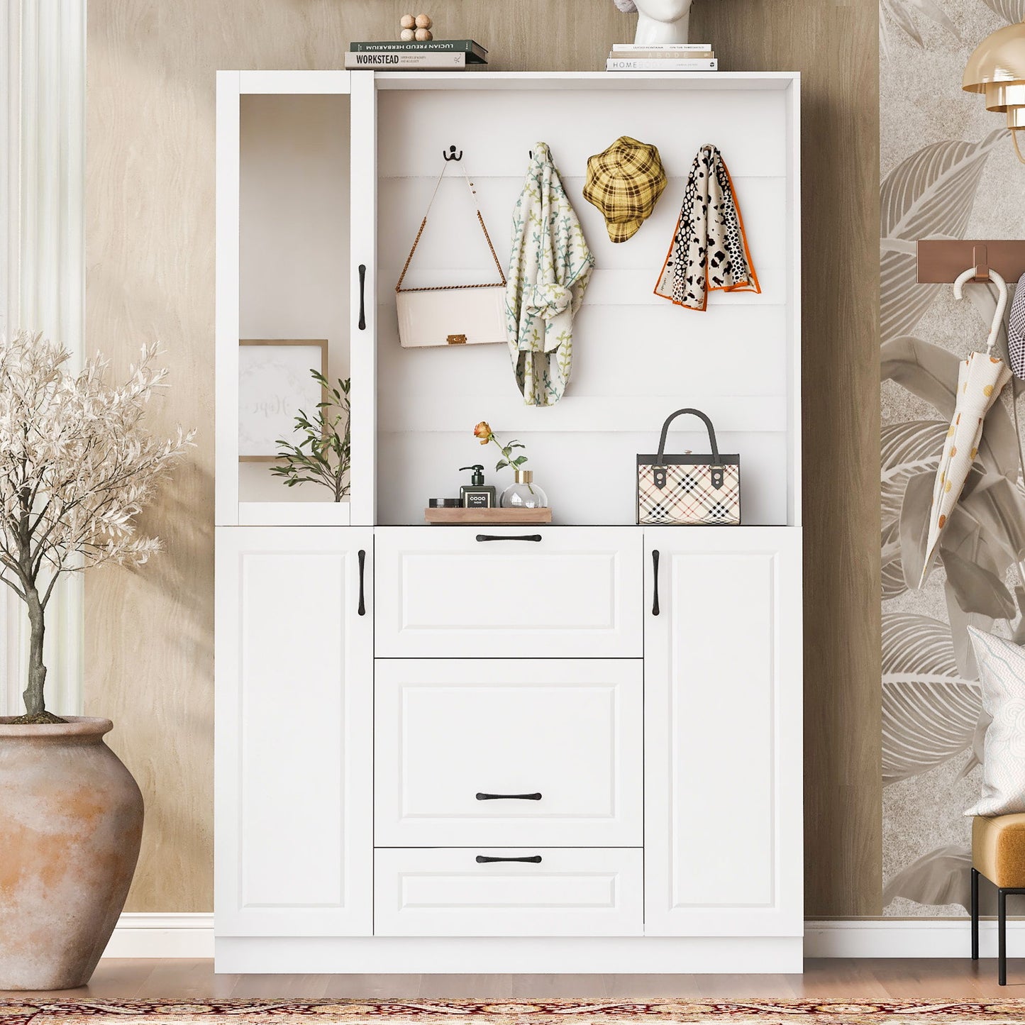 Entryway Bench With Integrated Shoe Cabinet, 3 In 1 Design And Mirrored Cabinet Door, Hall Tree With 4 Sturdy Hooks And Foldable Seat For Entrance, Living Room - White