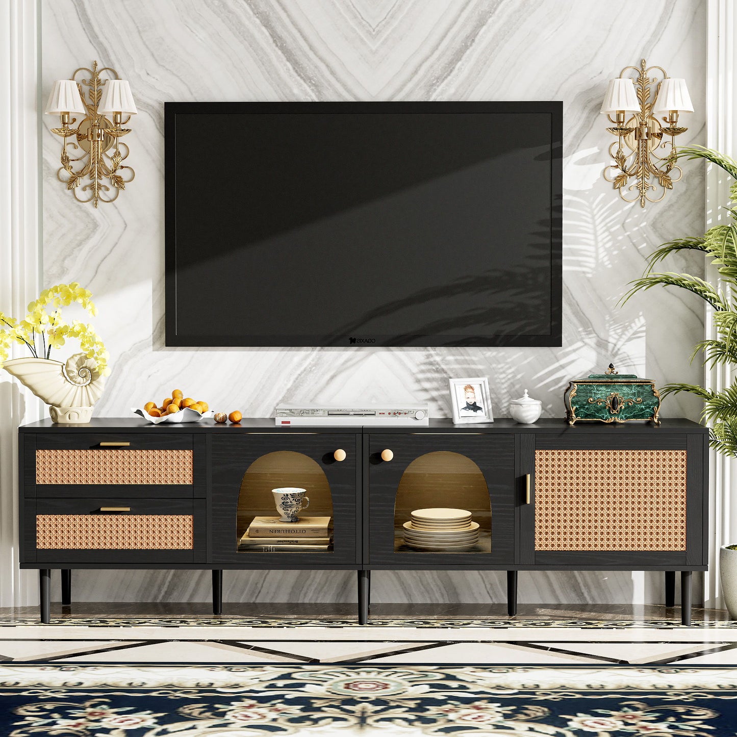 Rattan TV Stand With 3 Cabinets & 2 Drawers, Rattan-Inspired Media Console Table For Tvs Up To 80'', LED Light Entertainment Center, TV Cabinet For Living Room - Black