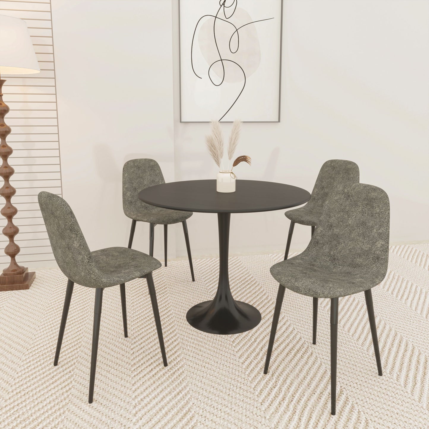 Modern Dining Table Set For 4 With Suede Upholstered Chairs, Round Design - Black / Gray