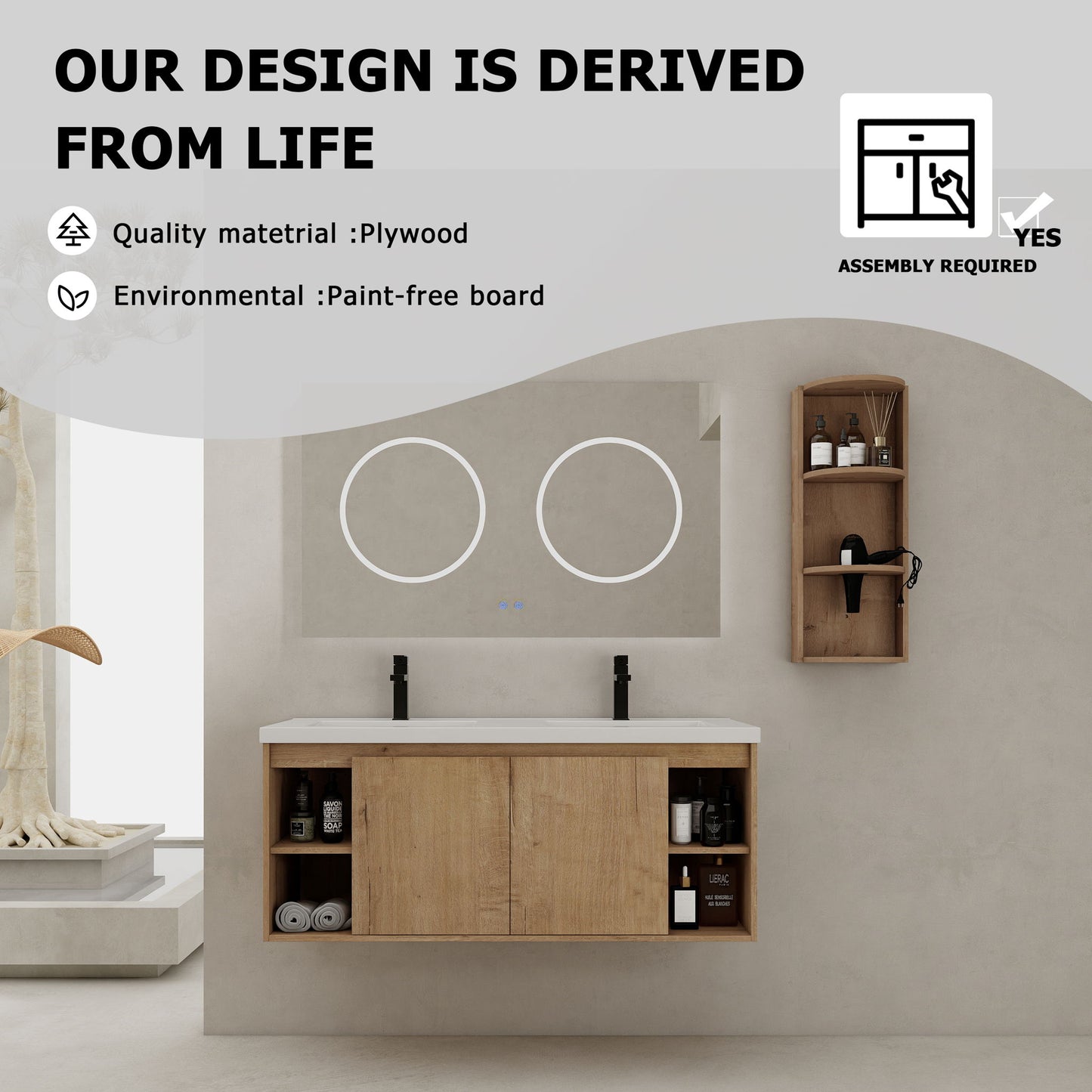 Modern 48" Wall Mounted Bathroom Vanity With Double Resin Sink And Storage Rack Soft Close Doors - Imitative Oak