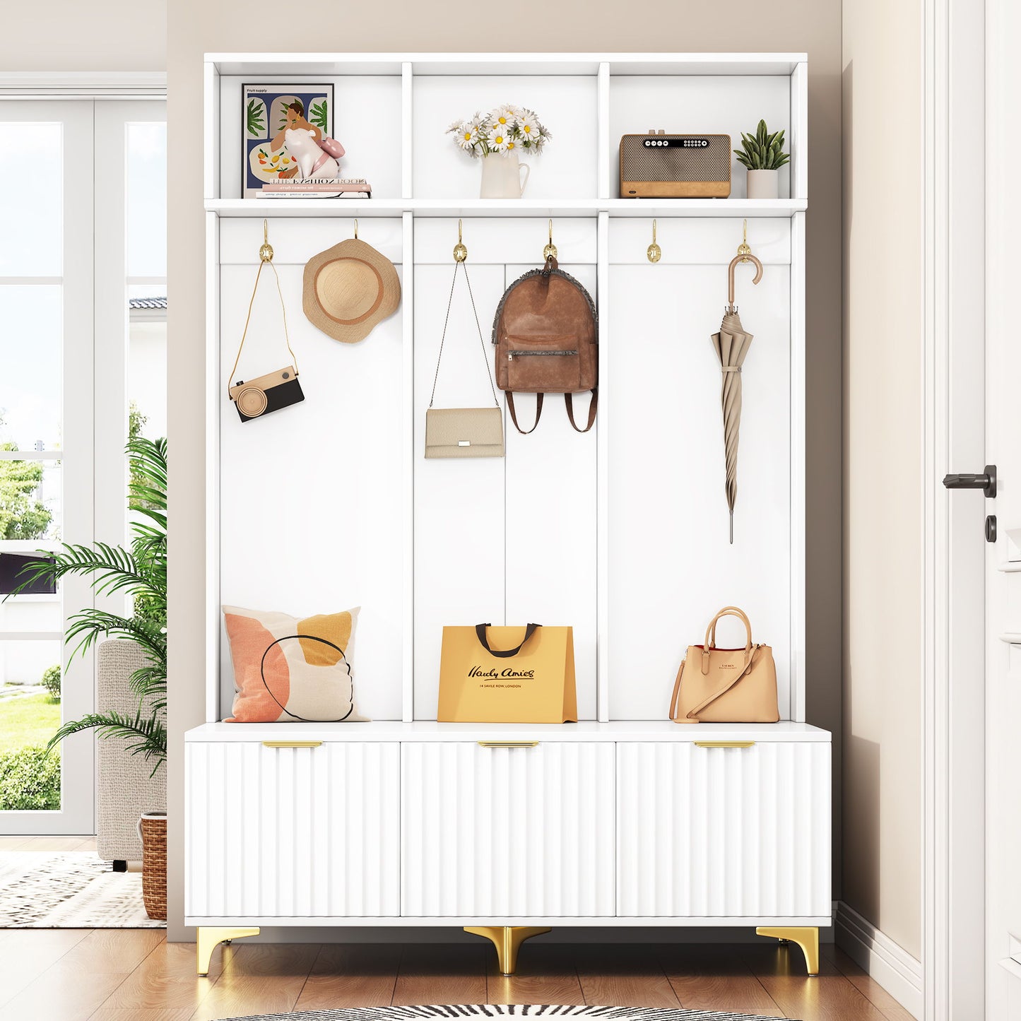 Modern Large Storage Hall Tree With Bench, 6 Hooks