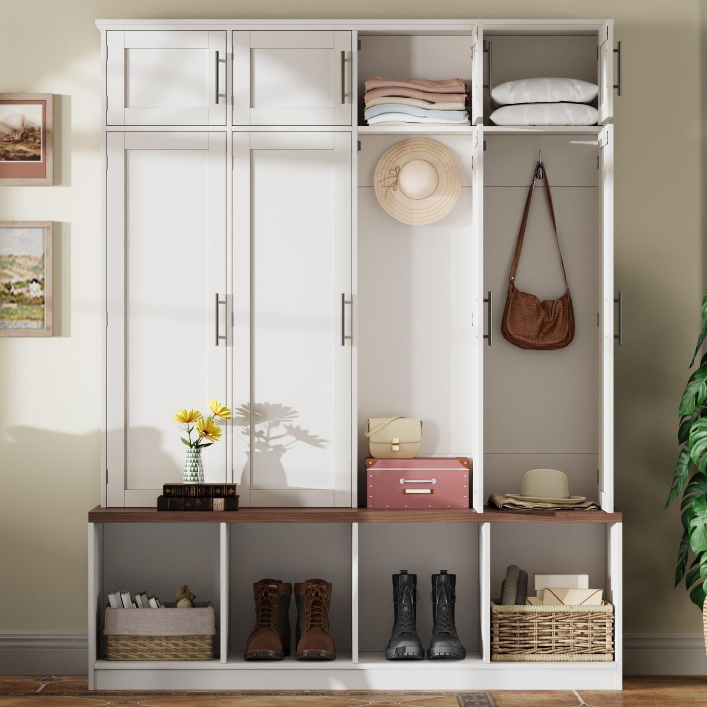 Farmhouse Hall Tree With 4 Hidden Hanging Hooks And 8 Doors