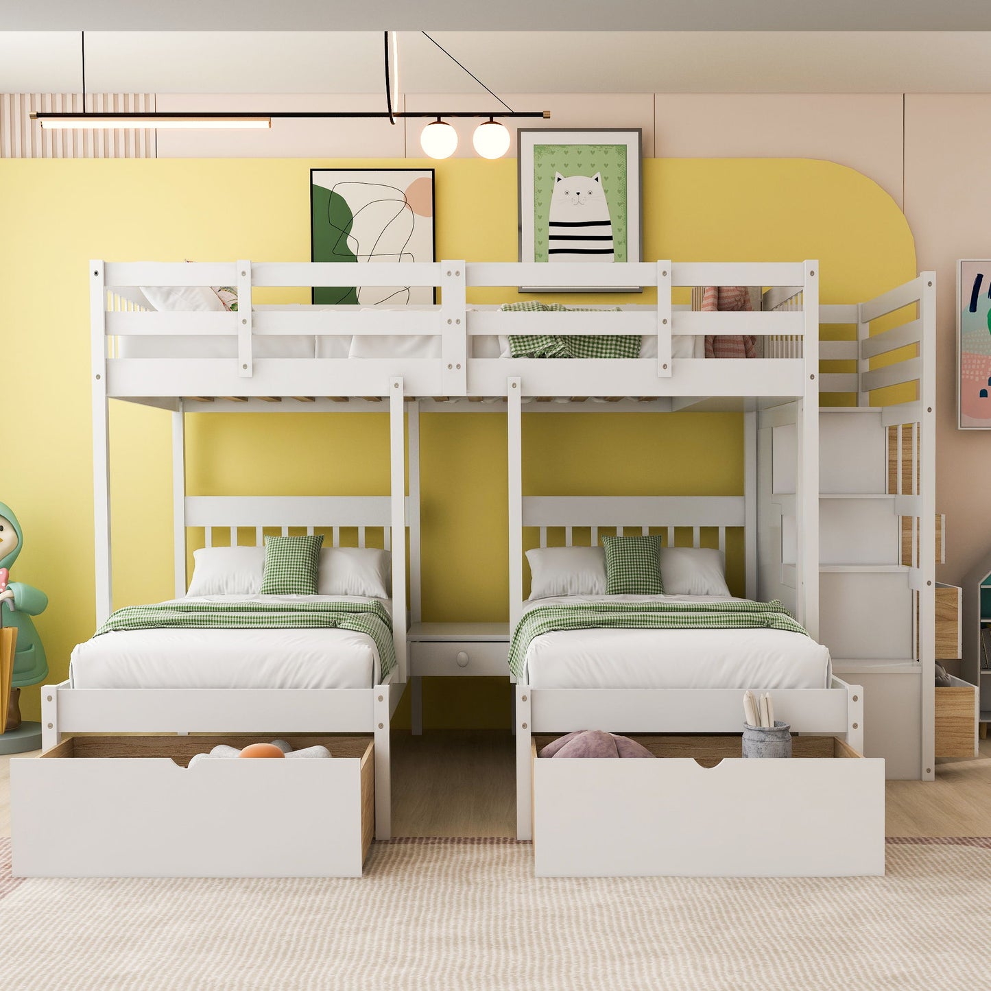 Multifunctional Triple Bunk Bed With Drawers And Guardrails