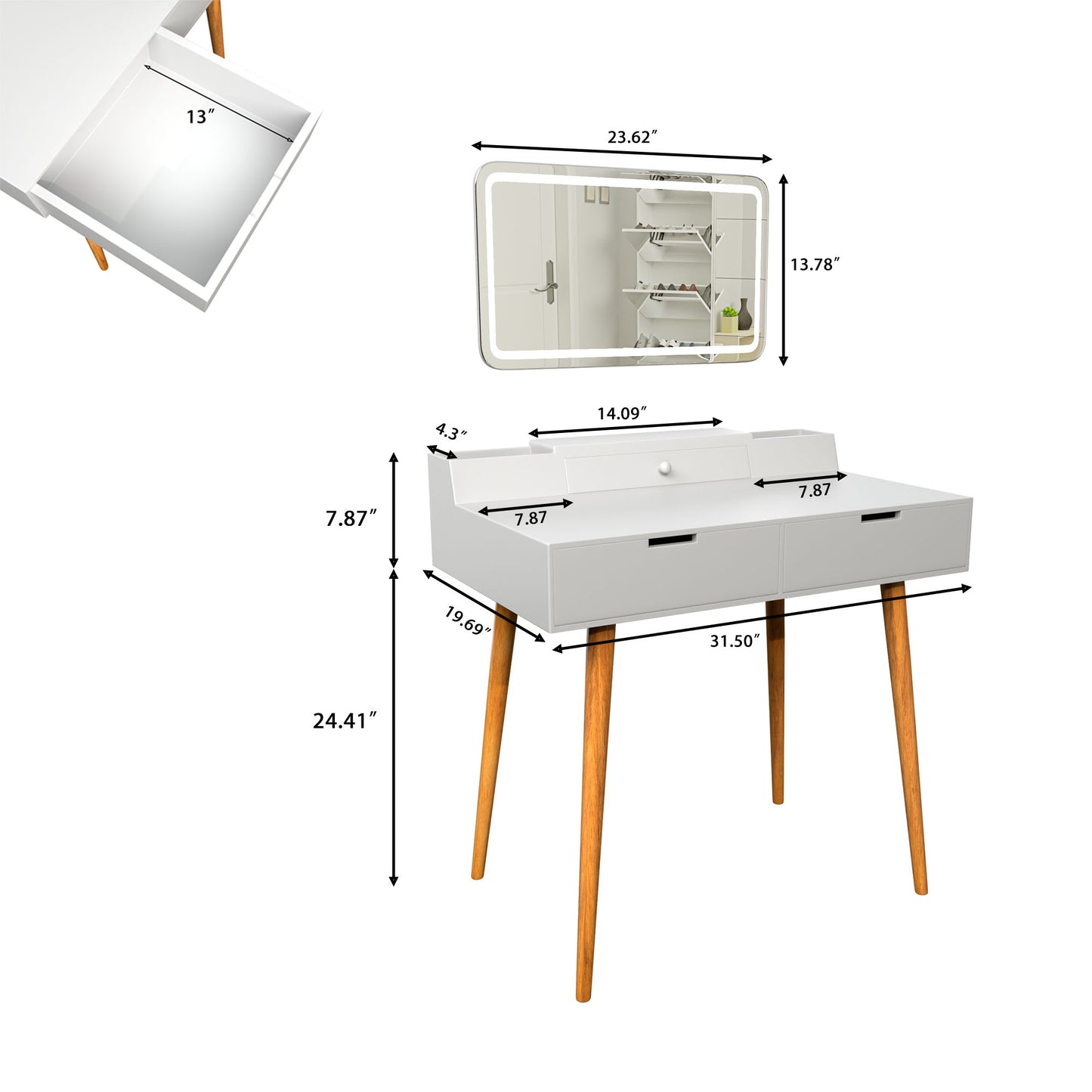 Makeup Vanity Desk With Removable Mirror And Lights, 3 Color Modes & Adjustable Brightness Dressing Table, Small Vanity Table Set With 2 Drawers For Bedroom - White
