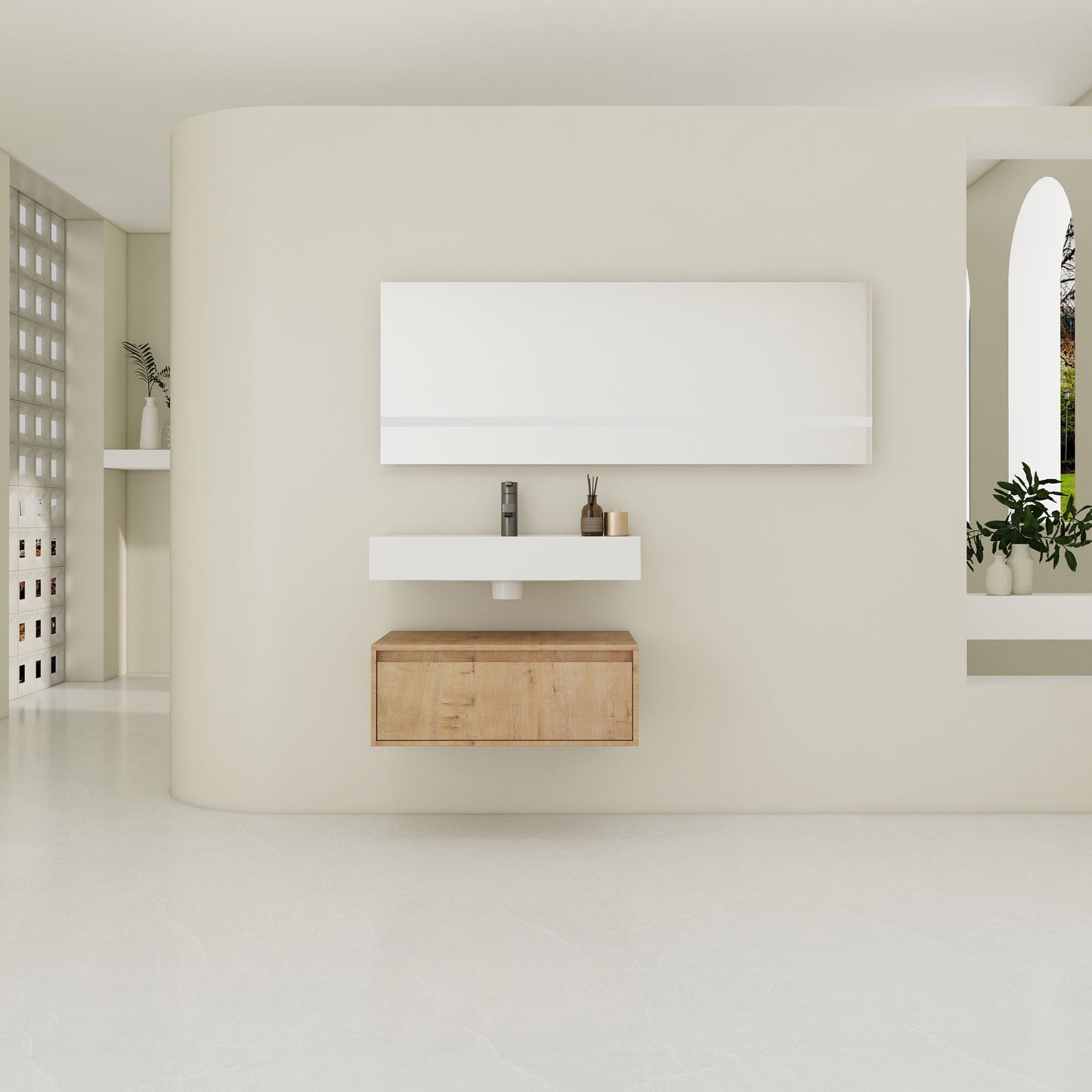 Wall Mounted Bathroom Vanity With Resin Sink And Soft Close Drawer In Imitative - Imitative Oak