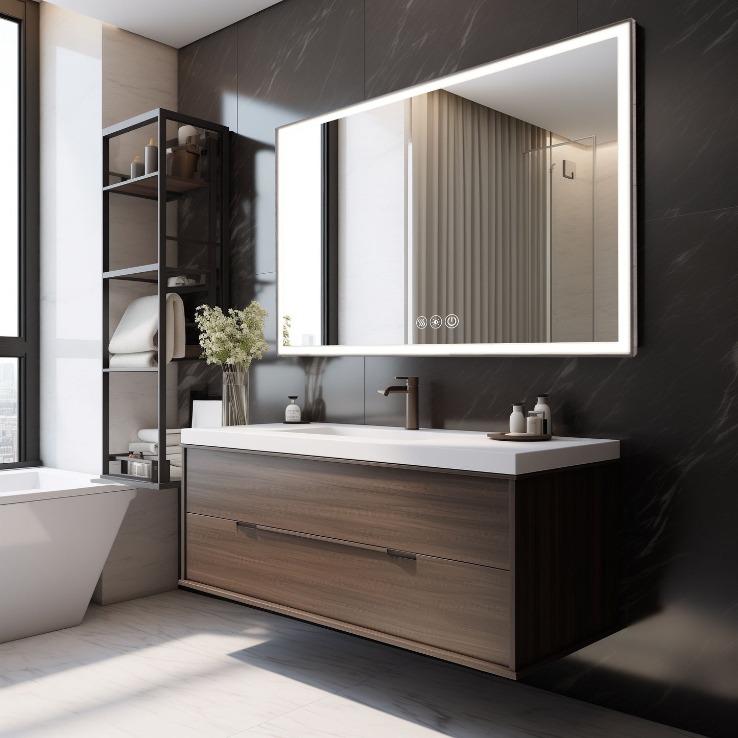 Modern LED Bathroom Vanity Mirror With Aluminum Frame, 45° Beveled Lights, Anti Fog - Silver