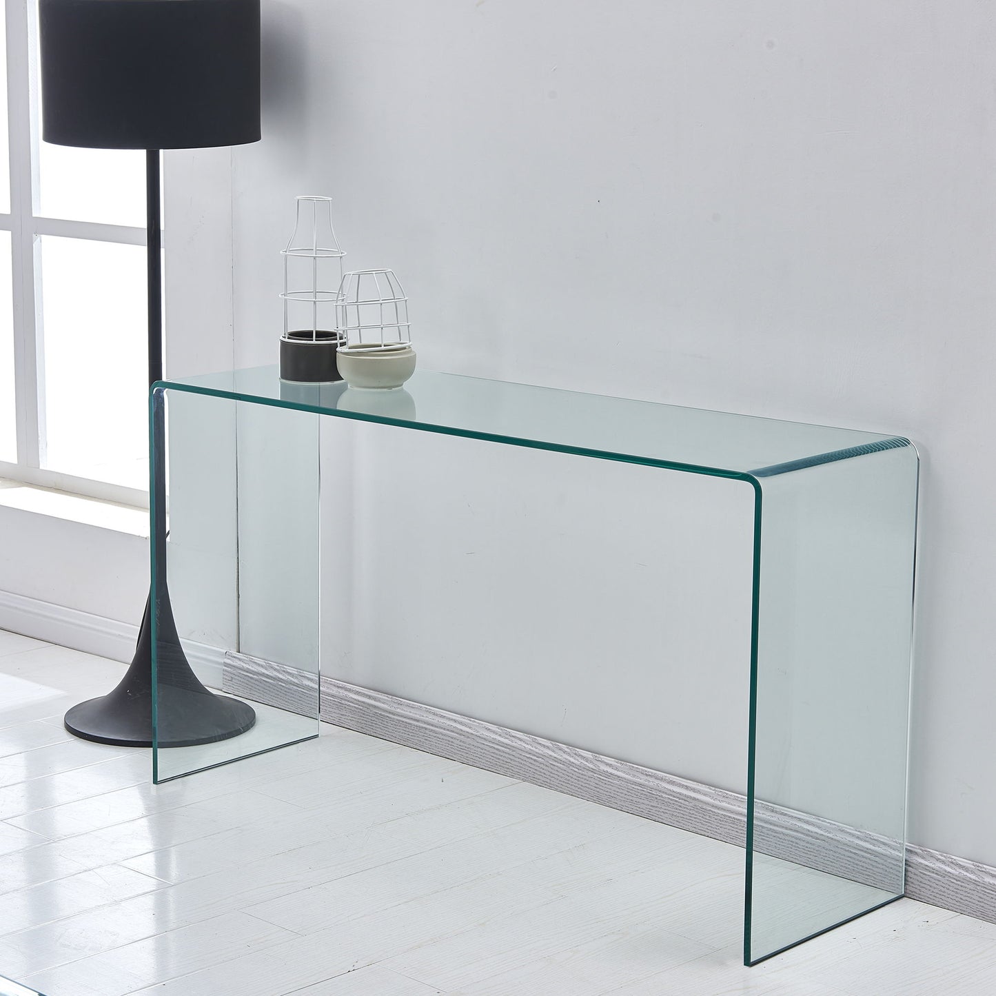 Elegant Transparent Tempered Glass Console Table With Rounded Edges, Modern Sofa Table - Clear