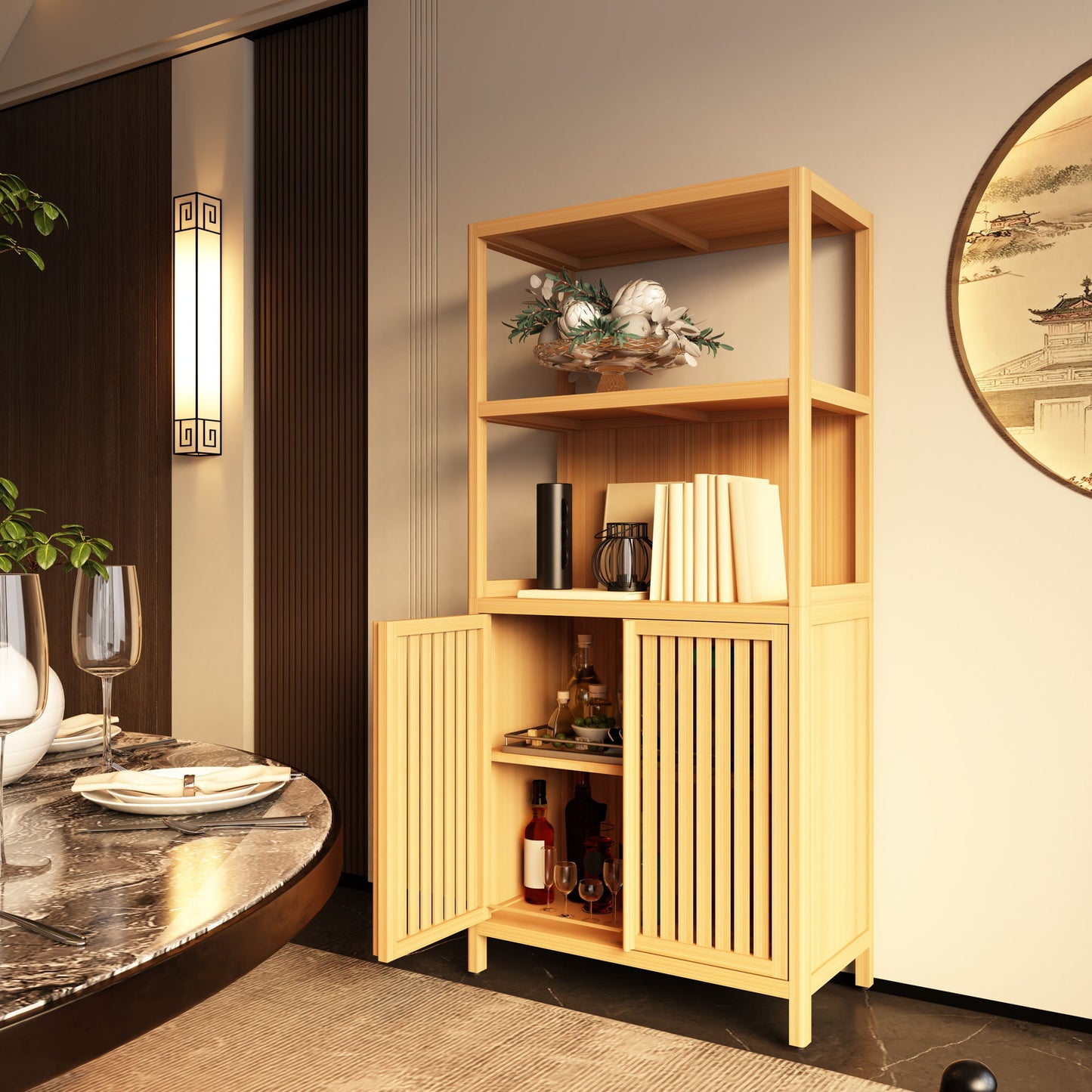 Neutral - Bamboo Storage Cabinet Freestanding With 2 Doors For Bathroom, Living Room, Kitchen, And Entryway - Neutral
