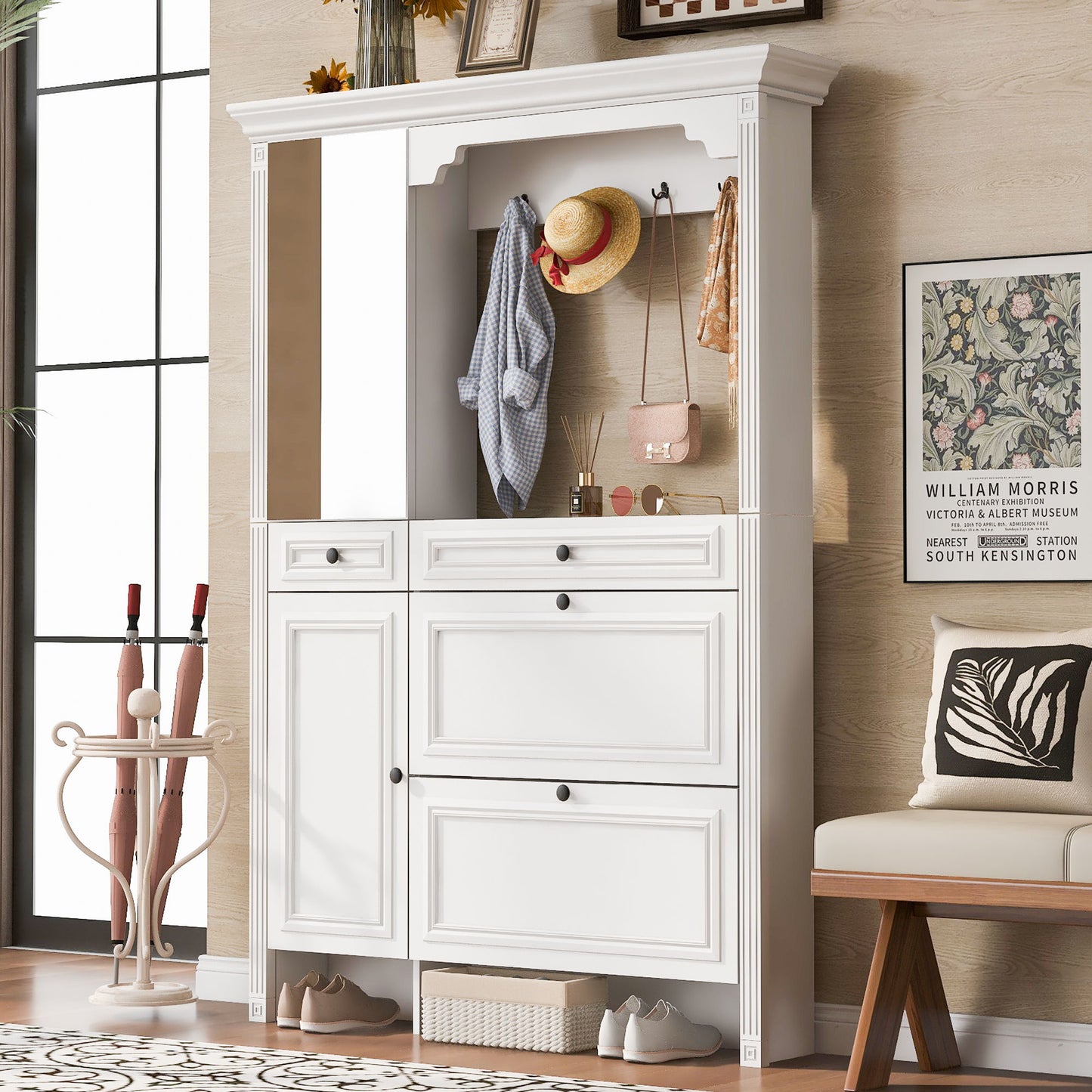 Hall Tree With Integrated Shoe Cabinet And Mirrored Cabinet Door, Coat Hanger, Entryway Bench, 4 In 1 Design, 2 Flip Drawers, 4 Hooks And 2 Cabinets For Entrance, Living Room - White