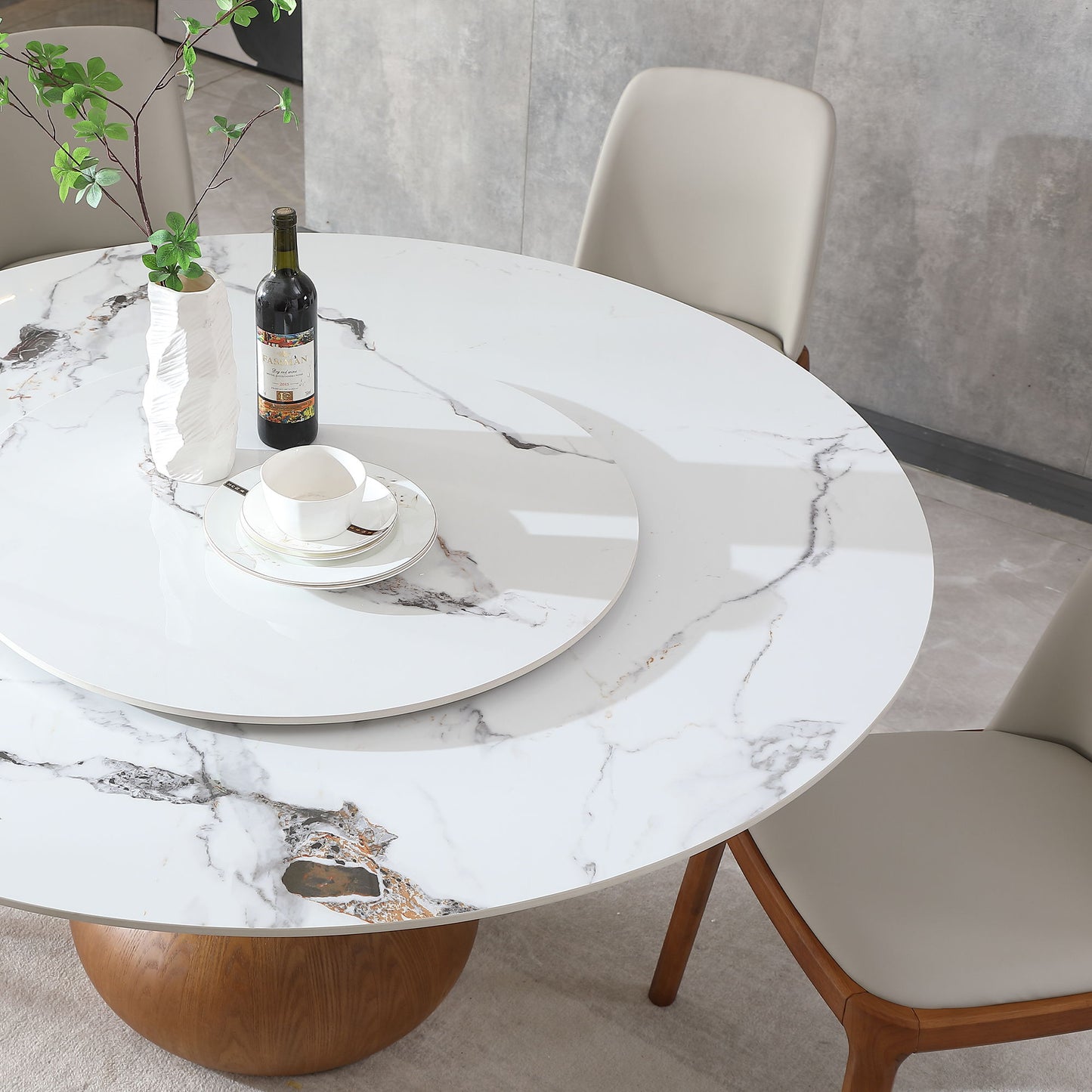 Round Modern Marble Dining Table (Table Only) - Walnut / White