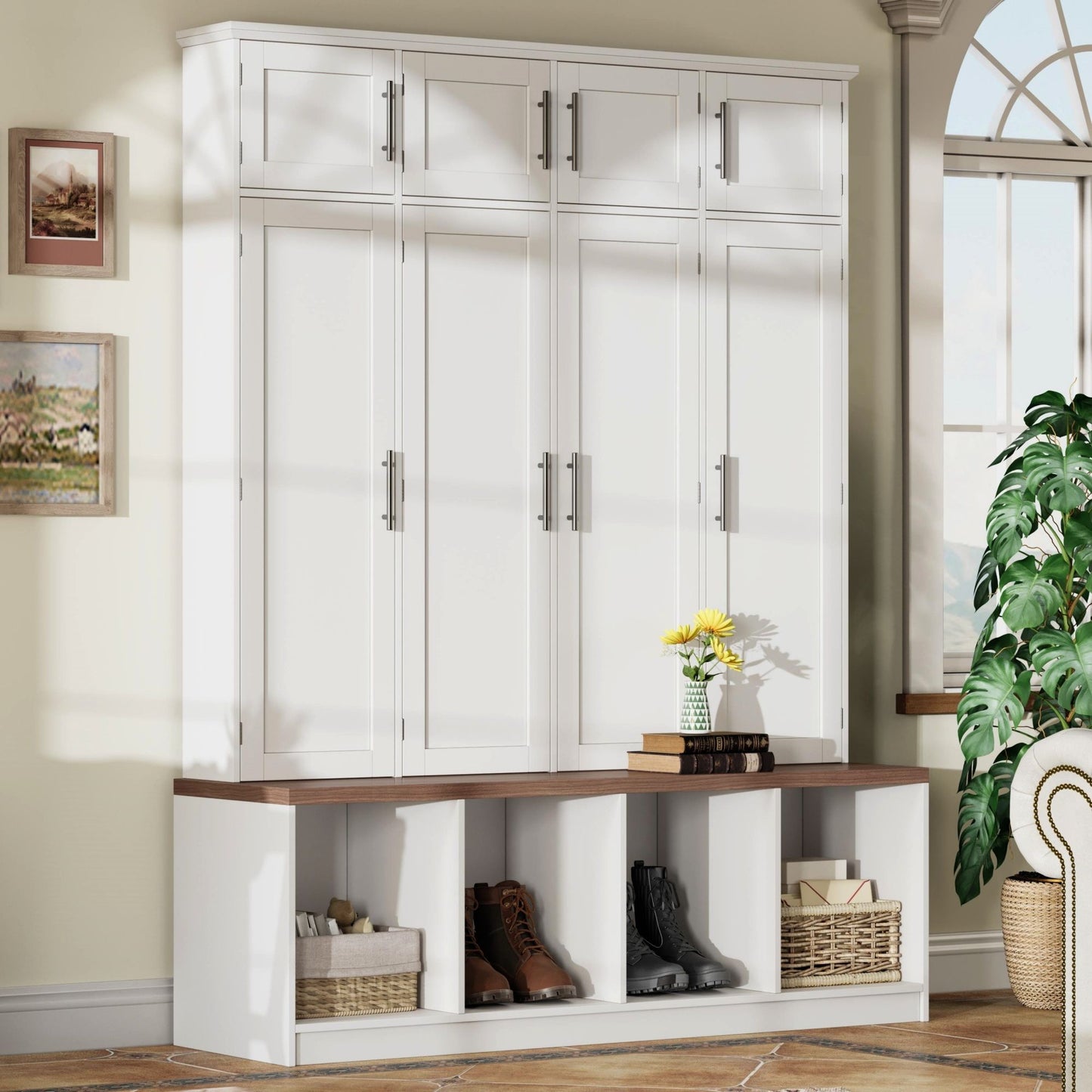 Farmhouse Hall Tree With 4 Hidden Hanging Hooks And 8 Doors