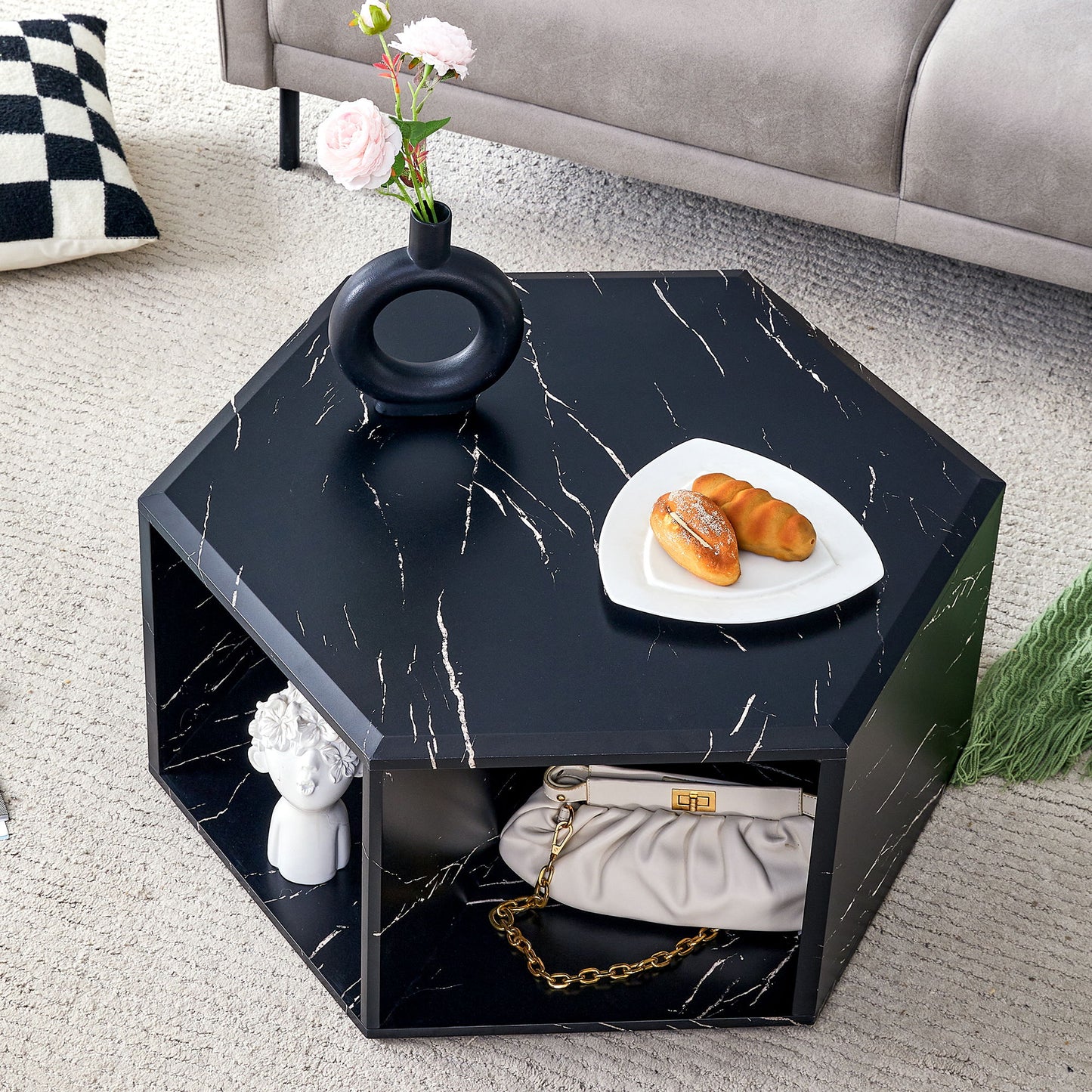 Hexagonal Coffee Table With Characteristic Pattern Stickers And Multi-Hole Design For Extra Storage