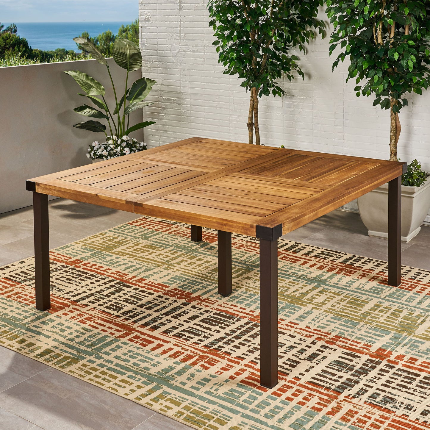 Lankershim - Modern Industrial Dining Table With Acacia Wood Slat Design - Teak