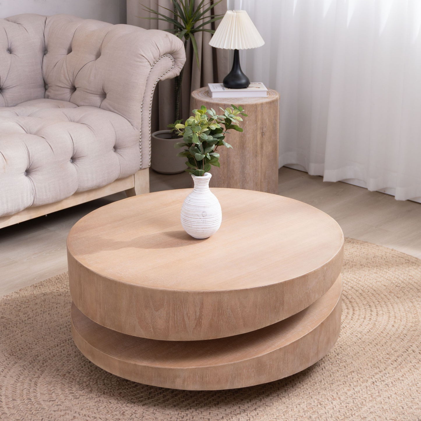 Modern Round Wood Coffee Table, Accent Table For Living Room - Antique Natural / Natural / Rustic