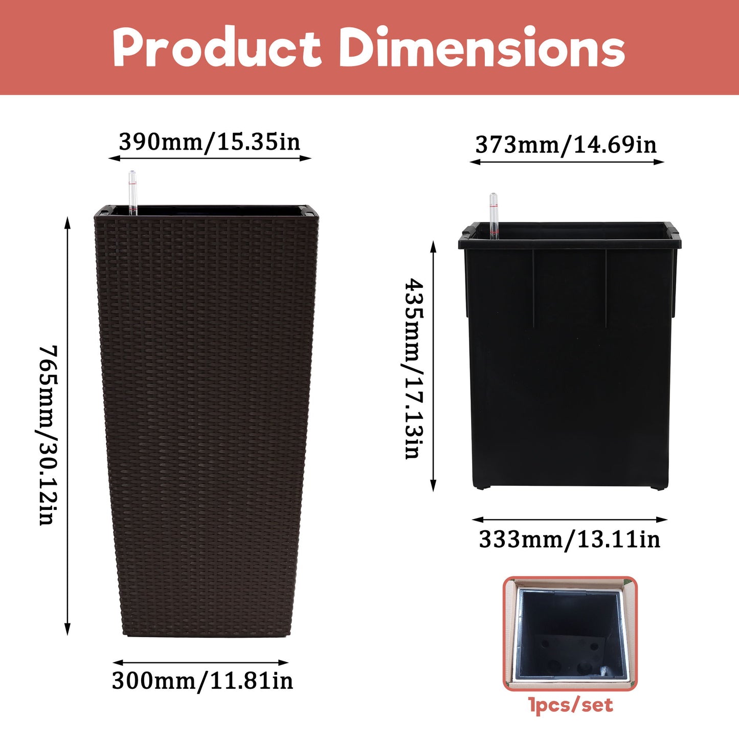 Large Self Watering Flower Pot With Drainage Holes & Inner Tray