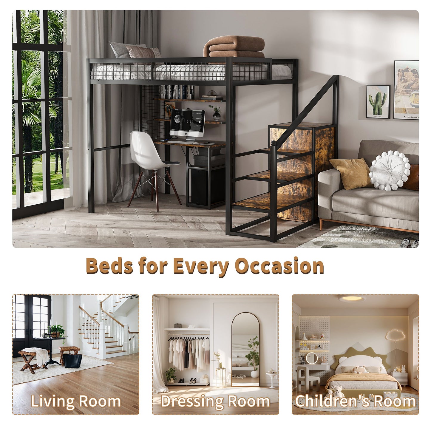 Full Size Loft Bed With Desk & Wardrobe Heavy Frame, Built In Staircase, Storage Rack & Shelves Gaming Bed - Black