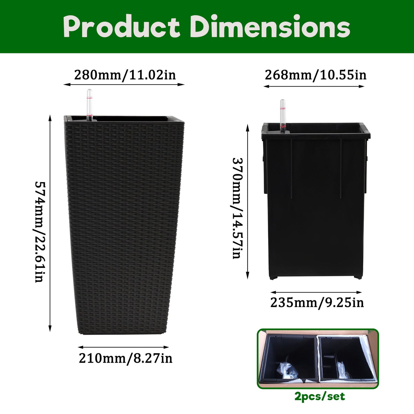 Elegant Square Planter With Automatic Watering System, Faux Rattan Design, Polypropylene (Set of 2) - Black