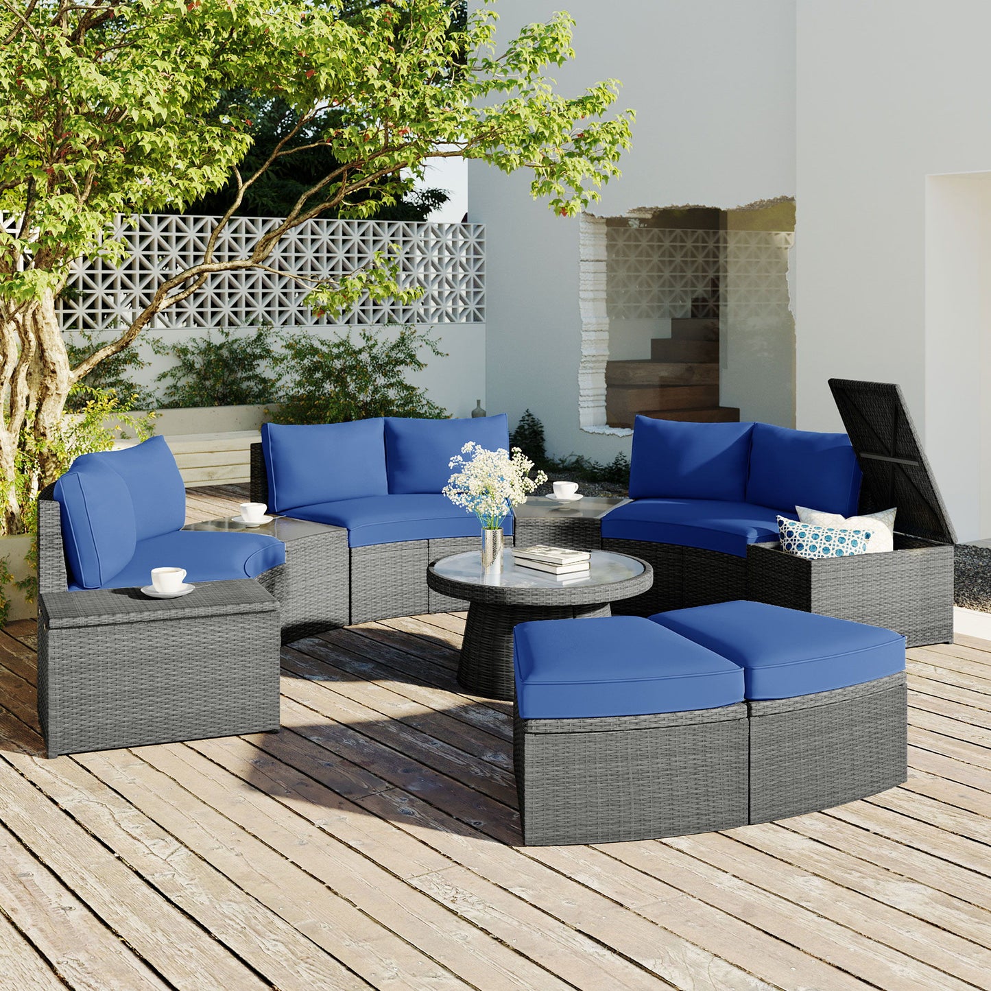 10 Piece Outdoor Sectional Half Round Patio Rattan Sofa Set