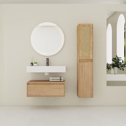 Contemporary Wall Mounted Bathroom Vanity With Resin Sink And 2 Side Cabinet - Imitative Oak