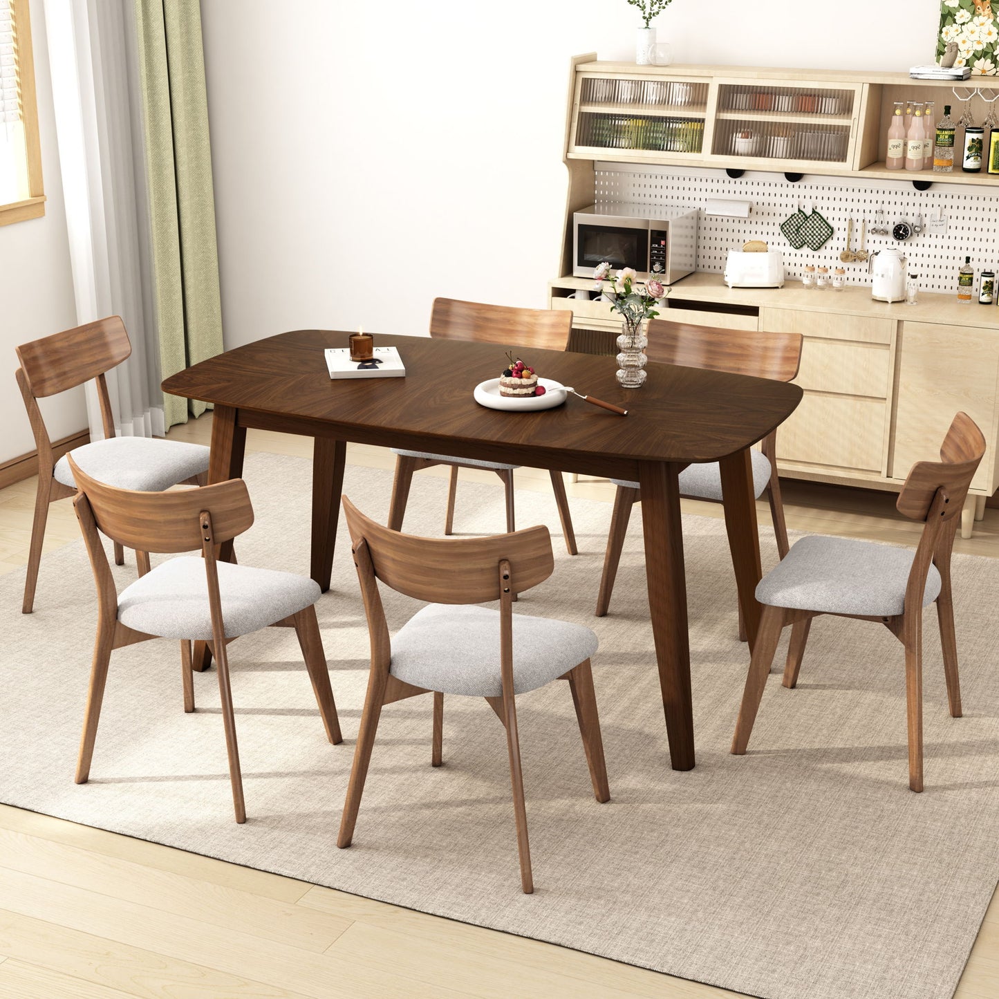 7 Piece Mid - Century Dining Set With Upholstered Dining Chairs, Dining Table