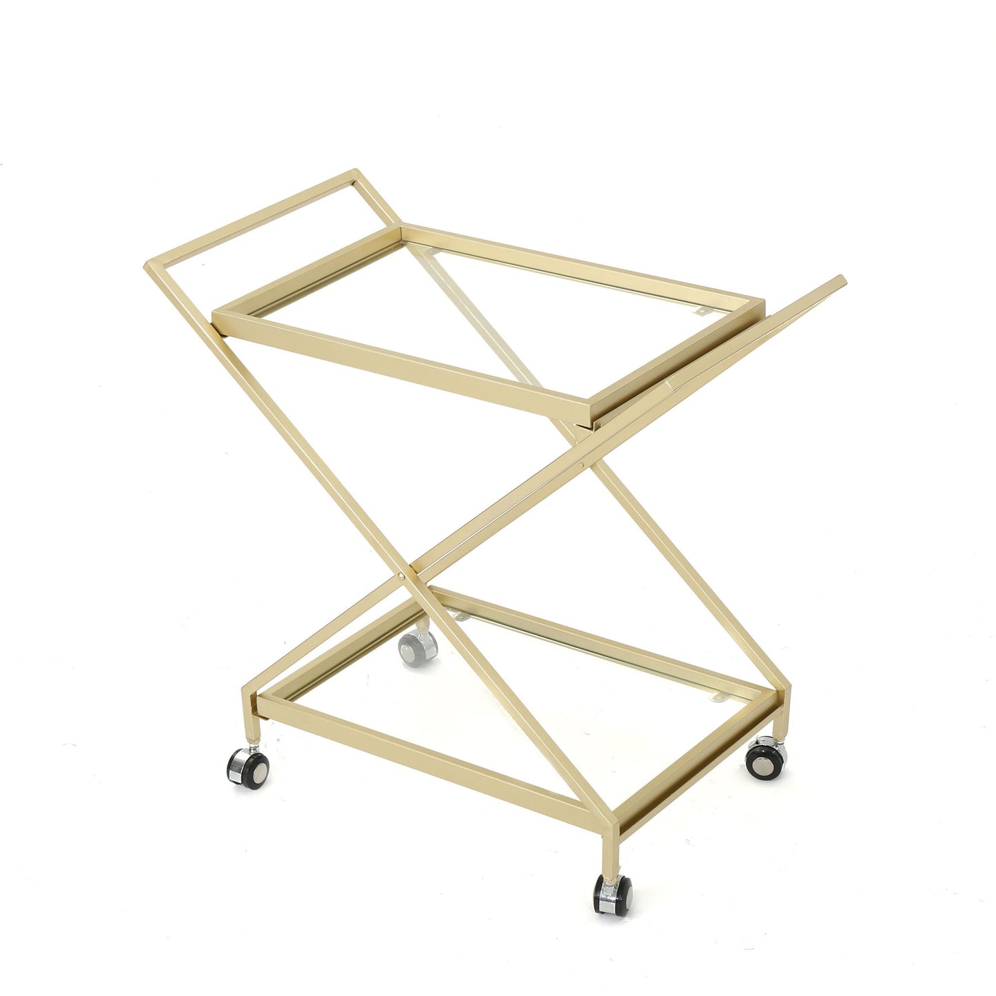 Sherianne - Industrial Bar Cart With Tempered Glass Shelves And Swivel Wheels - Gold