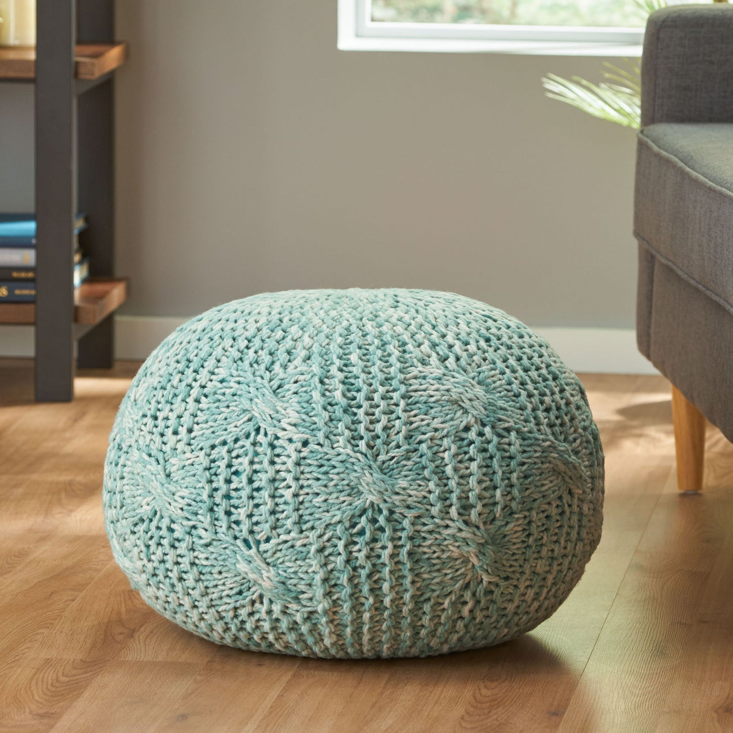 Deon - Knitted Pet Yarn Round Pouf With Classic Cable Knit Design - Aqua
