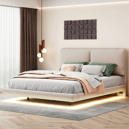 Upholstered Platform Bed With Sensor Light And 2 Large Backrests, With 2 Sets Of USB Port And Socket On Each Rear Bed Leg