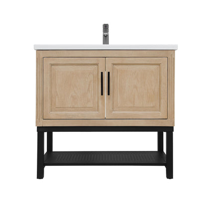 Modern Freestanding Bathroom Vanity With Ceramic Sink, Hot And Cold Faucet, Storage Cabinet & Open Shelf