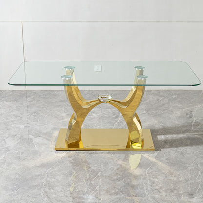 Tempered Clear Glass Rectangular Dining Table With Stainless Steel Base - Gold