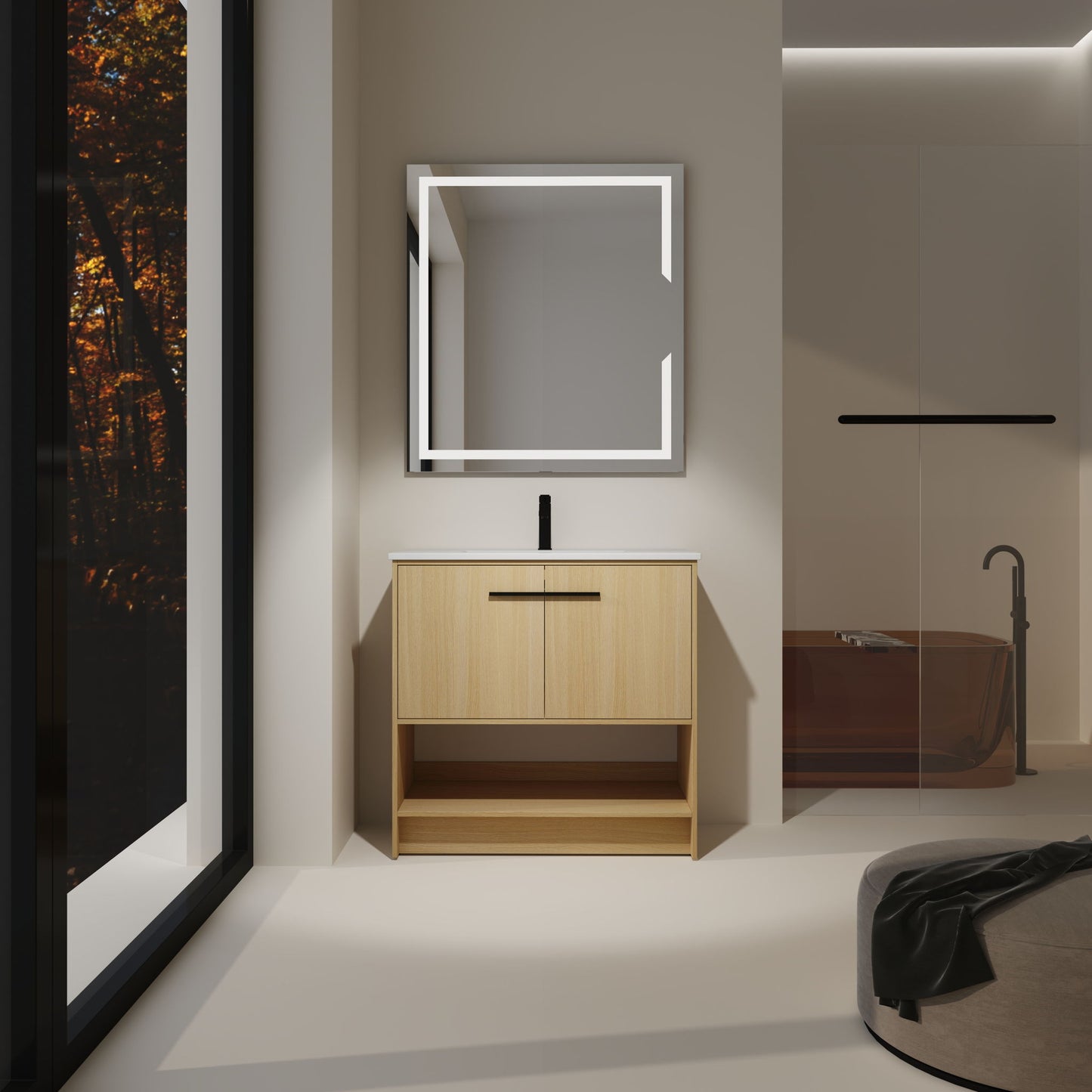 Modern Bathroom Vanity With Ceramic Sink, Freestanding Cabinet, Soft Closing Doors