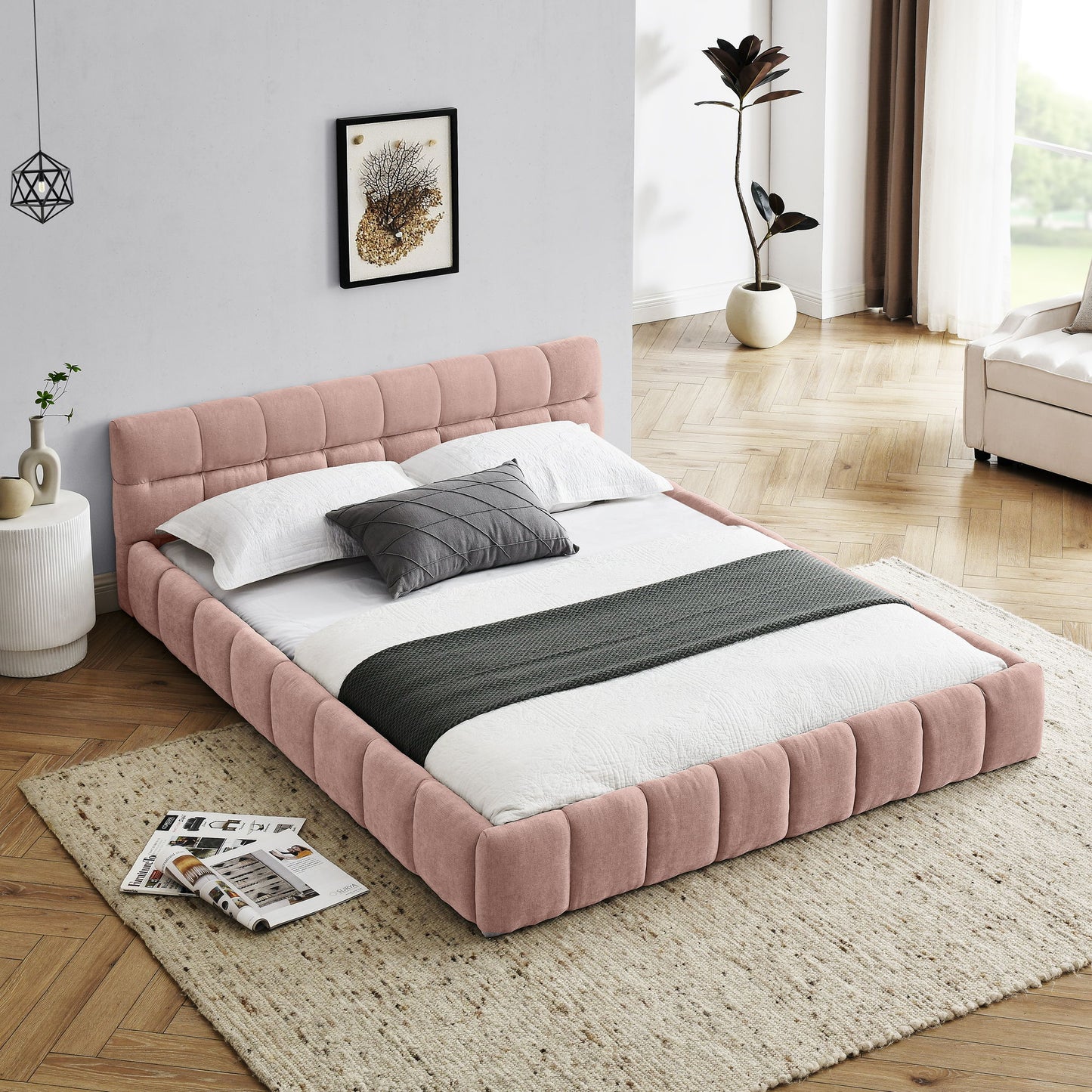 Modern Platform Bed Frame With Thick Chenille Fabric