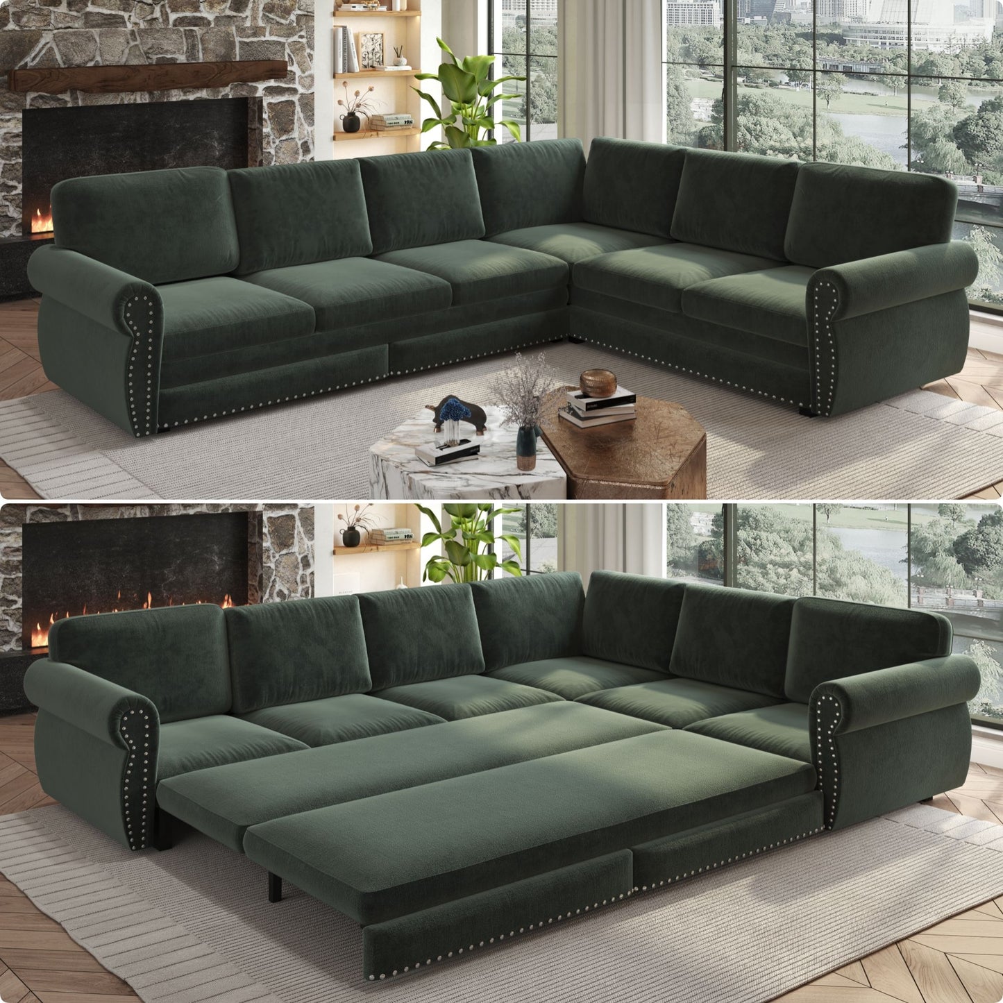 L-Shaped Sofa Couch With Pull Out Bed With Nailhead Trim & Rolled Arm