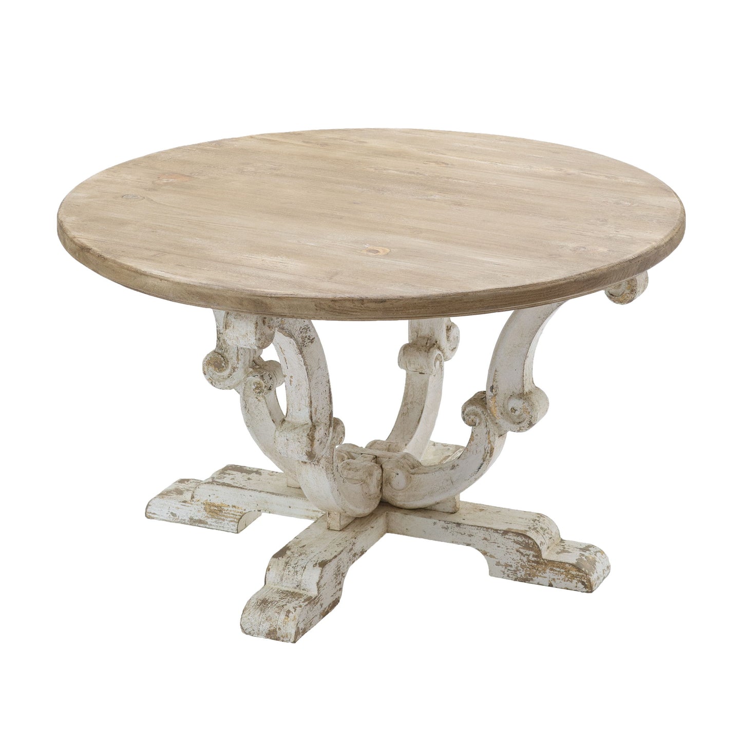 Round Wooden Coffee Table With Distressed Scrollwork Legs - Multicolor