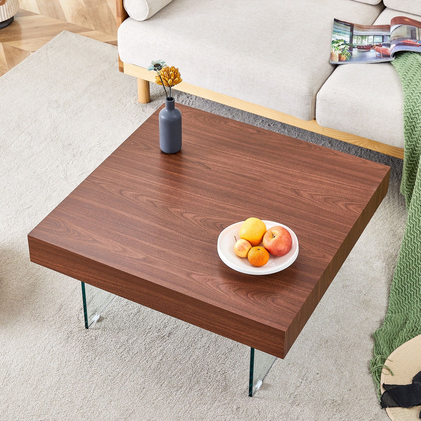 Natural Style Coffee Table With Glass Legs - Wood Grain Texture