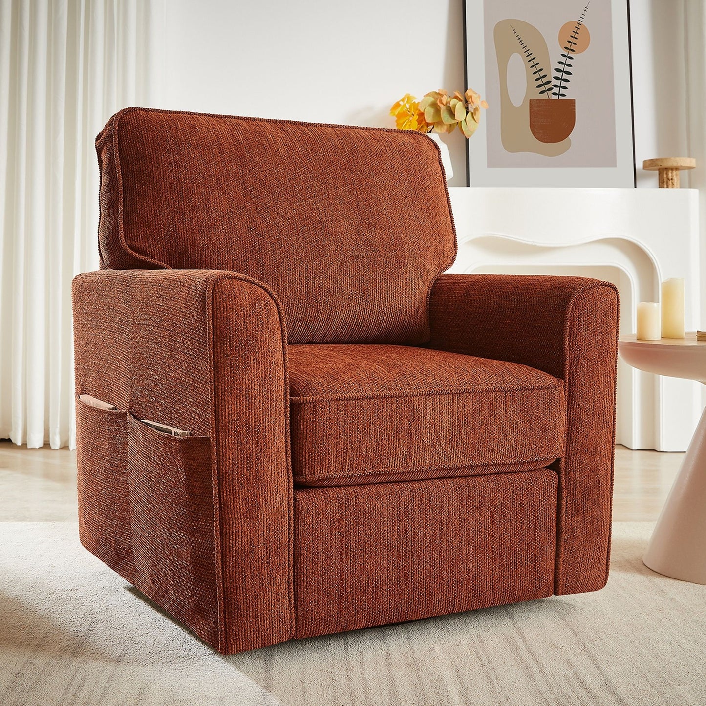 360° Swivel Accent Barrel Armchair With Side Pockets, Compact Design