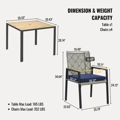 5 Piece Patio Dining Table Set, Acacia Wood Table Top With Umbrella Hole