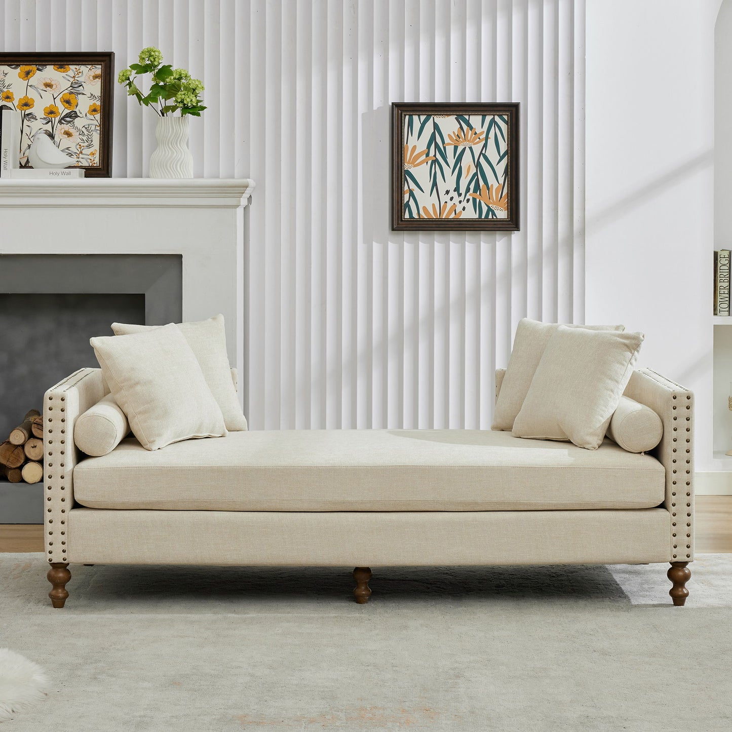 Upholstered Chaise Lounge Indoor With Nailheads, Sleeper Sofa Couch With 4 Throw Pillows & 2 Bolsters, Daybed With Rubberwood Legs