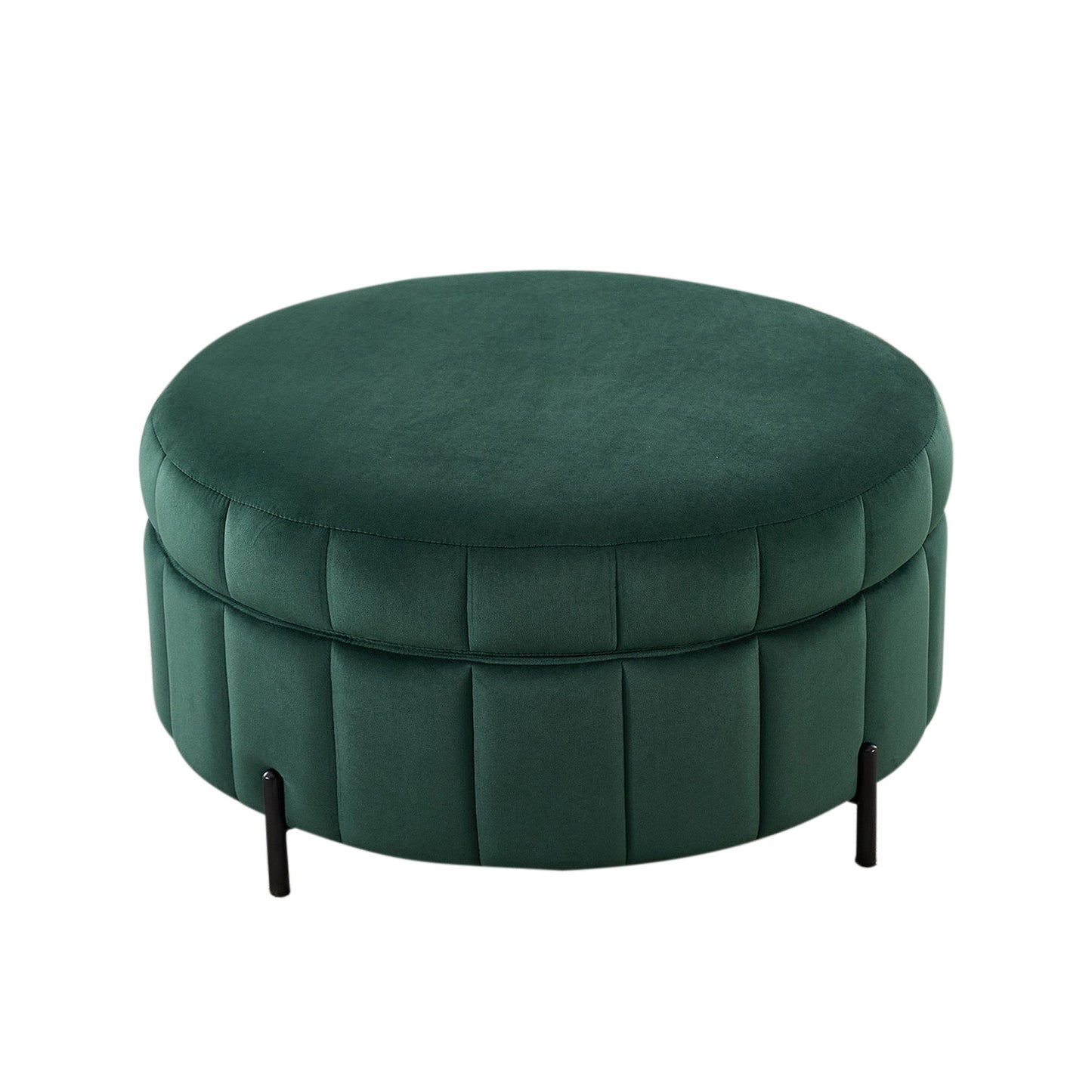 Upholstered Round Ottoman With Reversible Lid, Channel Tufted Pumpkin Shape