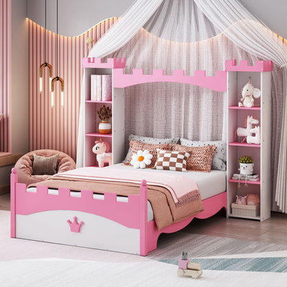Castle Shaped Bed With Storage Shelf, Dreamy Platform Bed For Kids Bedroom