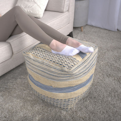 Western - Handcrafted Fabric Pouf, Durable - Natural / Blue