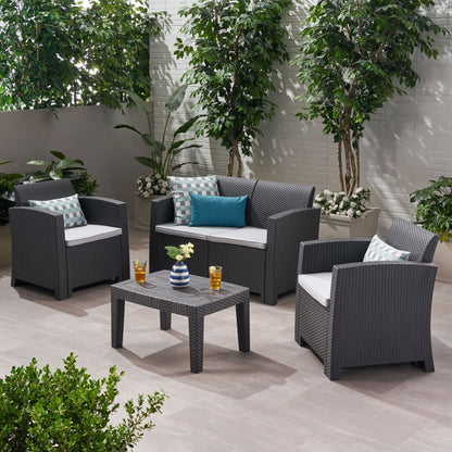 Zephyra - Outdoor 4 Piece Faux Wicker Rattan Chat Set With Water Resistant Cushions - Gray