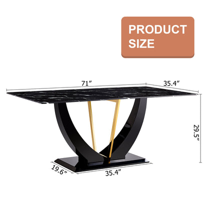 Modern Minimalist Luxurious Imitation Marble Dining Table Rectangular Office Desk With Tempered Glass - Black