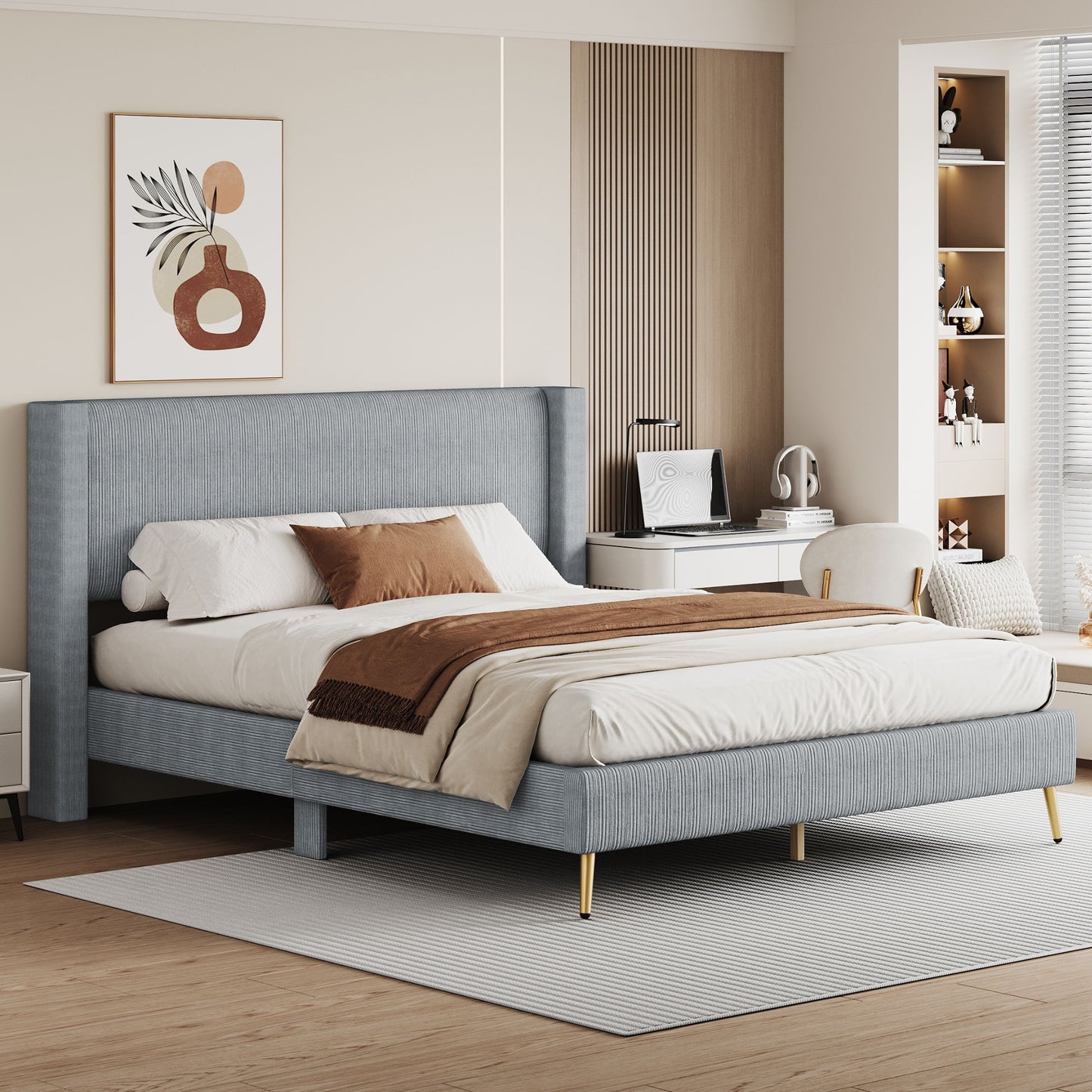 Platform Contemporary Bed With Legs And Upholstered Headboard
